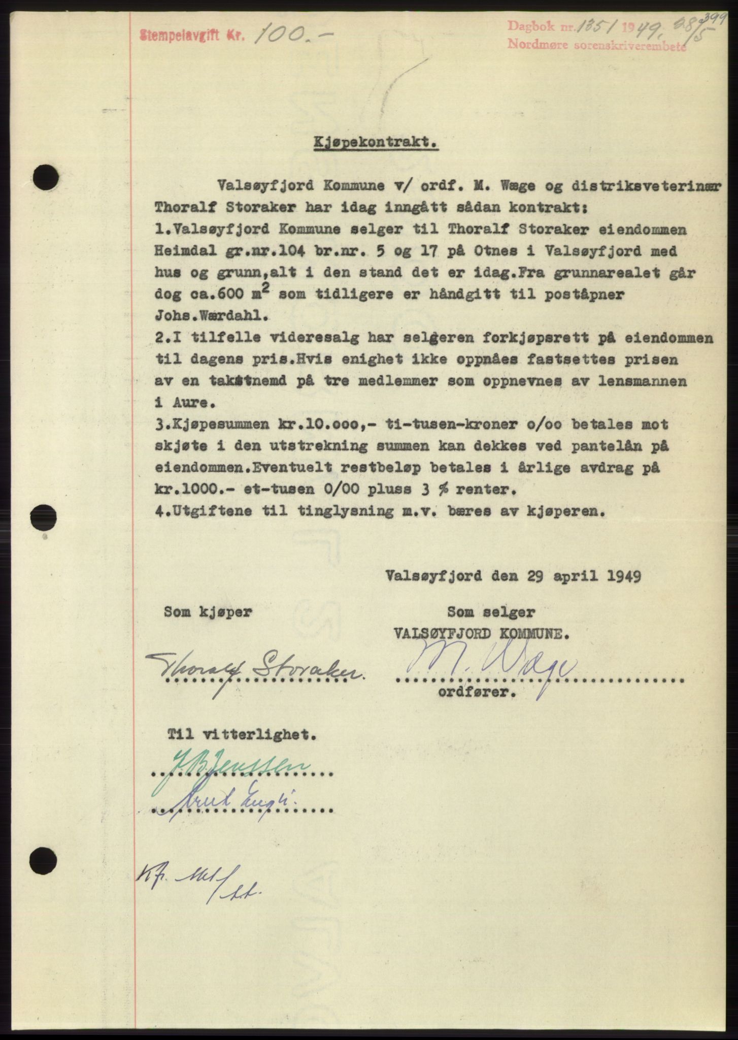 Nordmøre sorenskriveri, SAT/A-4132/1/2/2Ca: Pantebok nr. B101, 1949-1949, Dagboknr: 1351/1949