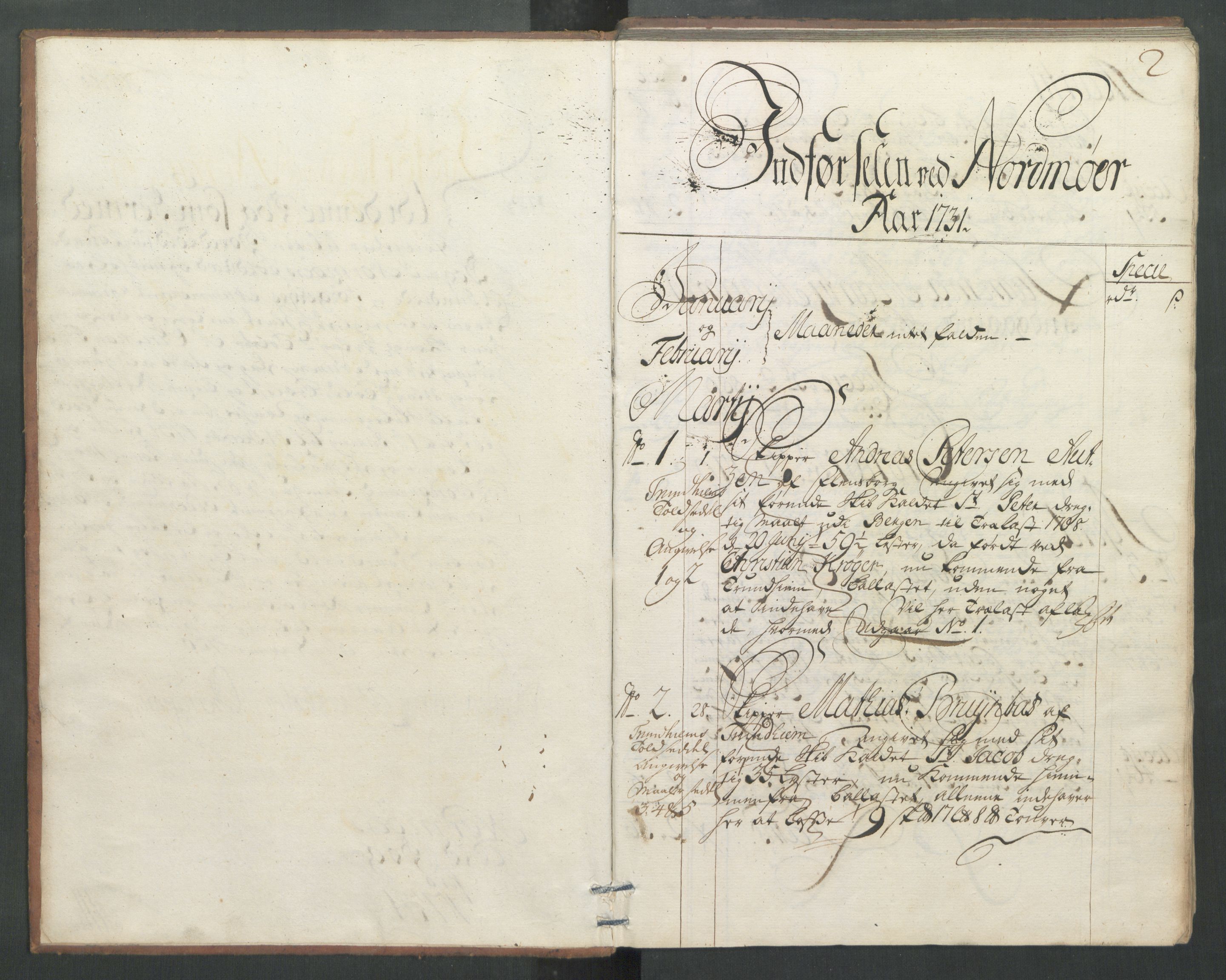 Generaltollkammeret, tollregnskaper, AV/RA-EA-5490/R32/L0004/0001: Tollregnskaper Kristiansund / Hovedtollbok, 1731, s. 1b-2a