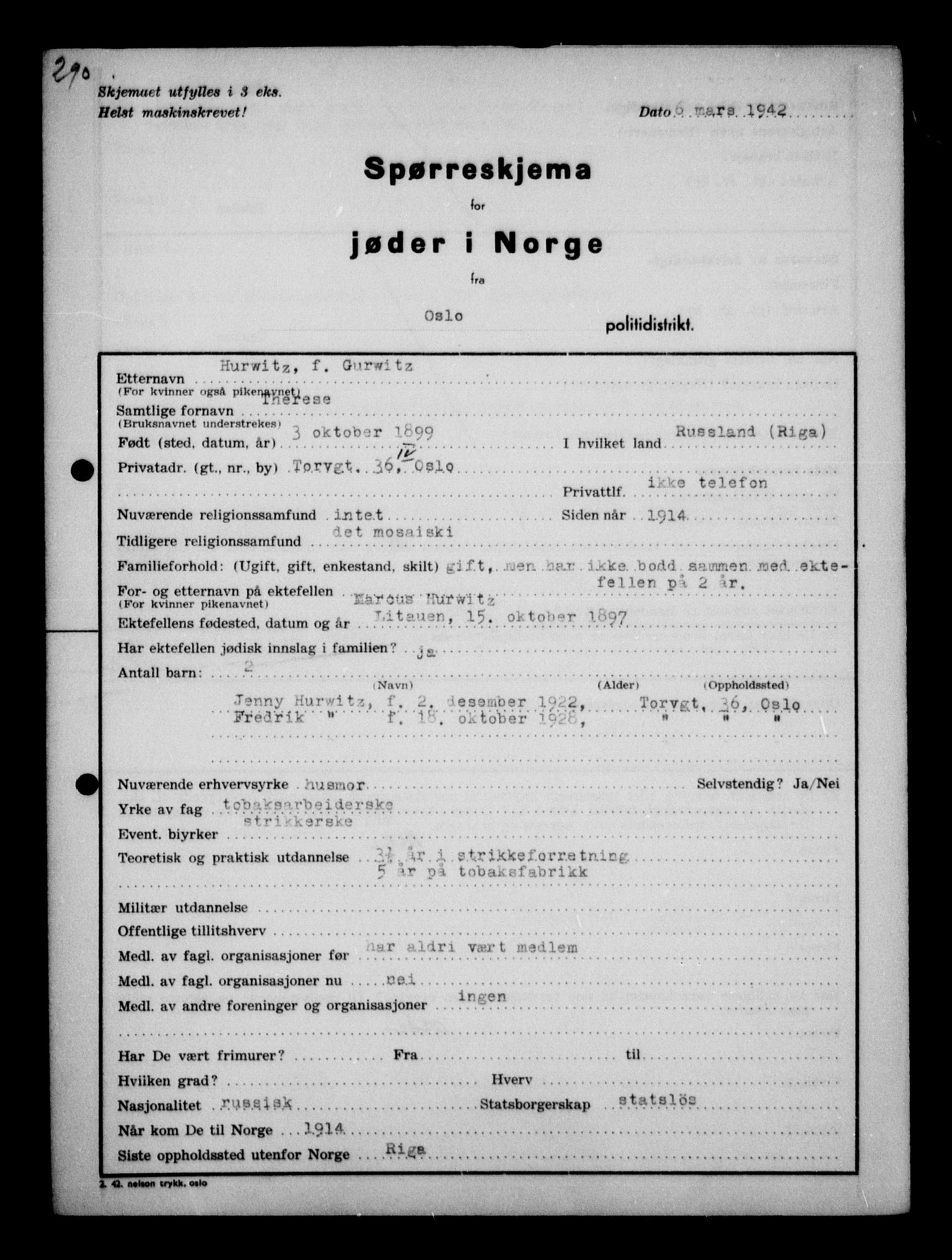 Statspolitiet - Hovedkontoret / Osloavdelingen, AV/RA-S-1329/G/Ga/L0010: Spørreskjema for jøder i Norge, Oslo Hansen-Pintzow, 1942, s. 84