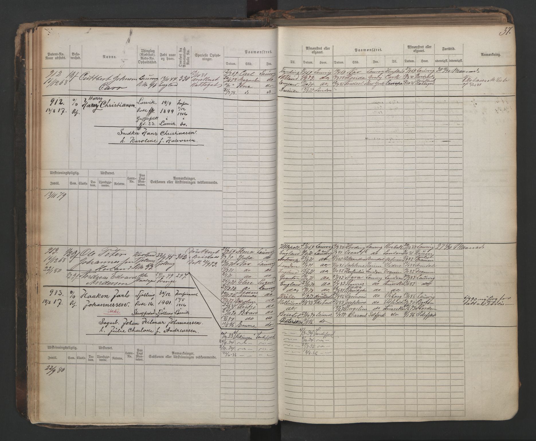 Larvik innrulleringskontor, SAKO/A-787/F/Fc/L0003: Hovedrulle, 1868, s. 37