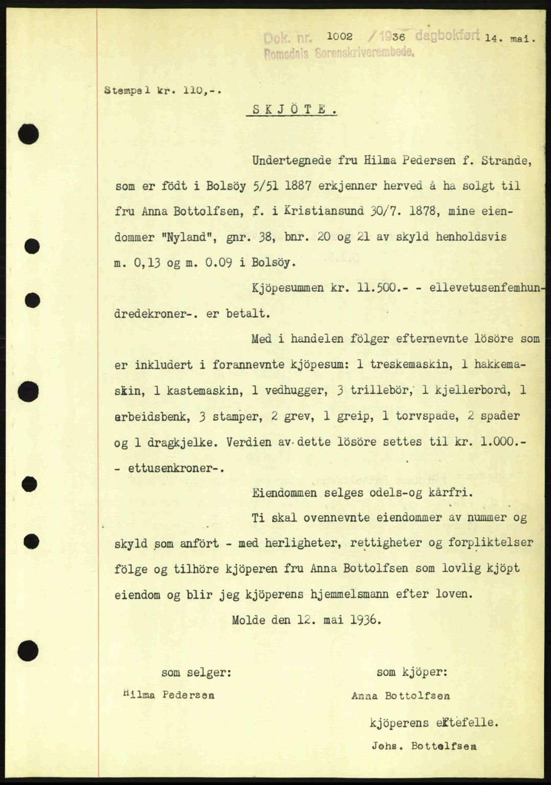 Romsdal sorenskriveri, SAT/A-4149/1/2/2C: Pantebok nr. A1, 1936-1936, Dagboknr: 1002/1936