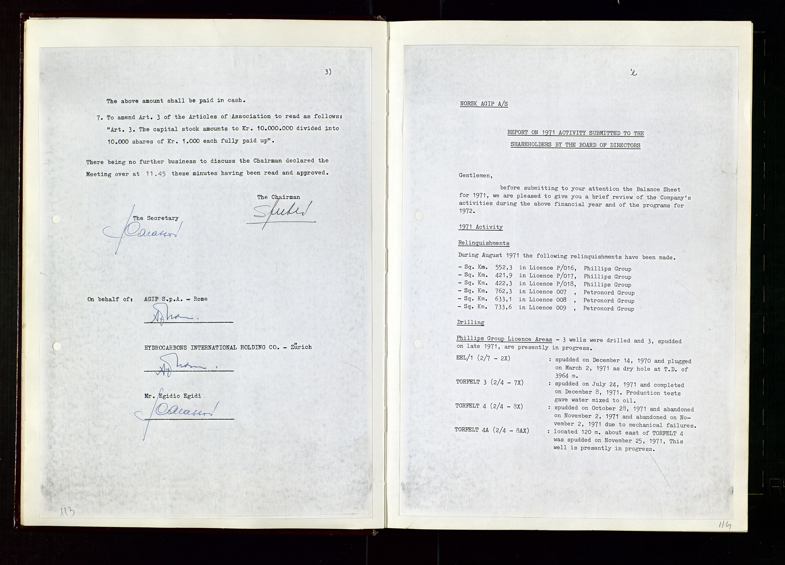 Pa 1583 - Norsk Agip AS, AV/SAST-A-102138/A/Aa/L0002: General assembly and Board of Directors meeting minutes, 1972-1979, s. 113-114