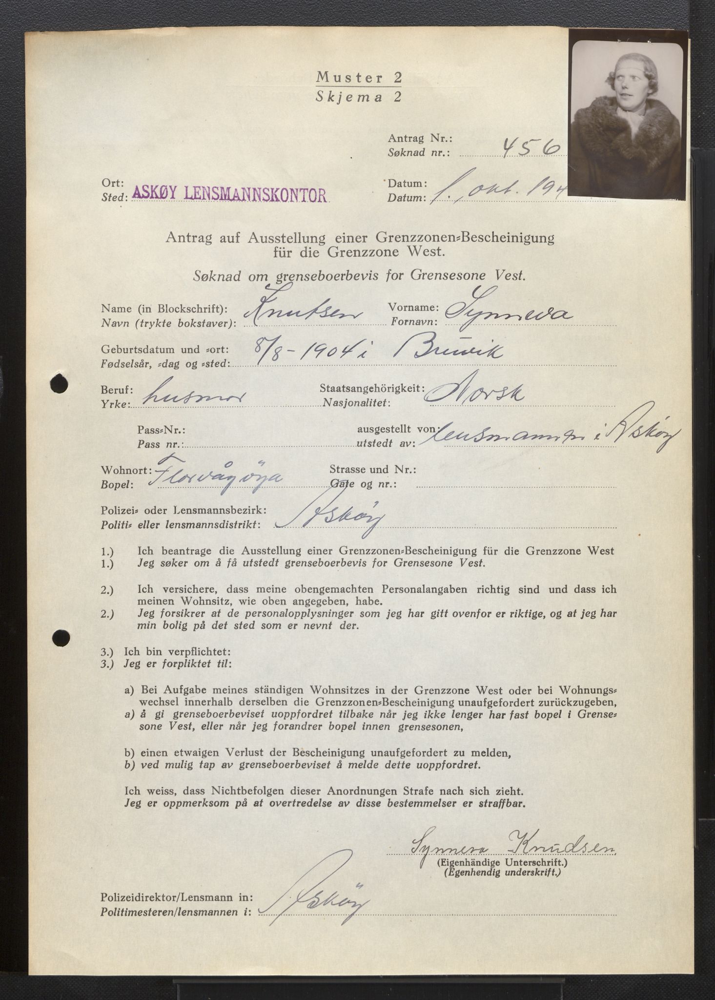 Lensmannen i Askøy, AV/SAB-A-31001/0026/L0004: Søknader om grensebuarbevis 426 - 850, 1940, s. 61