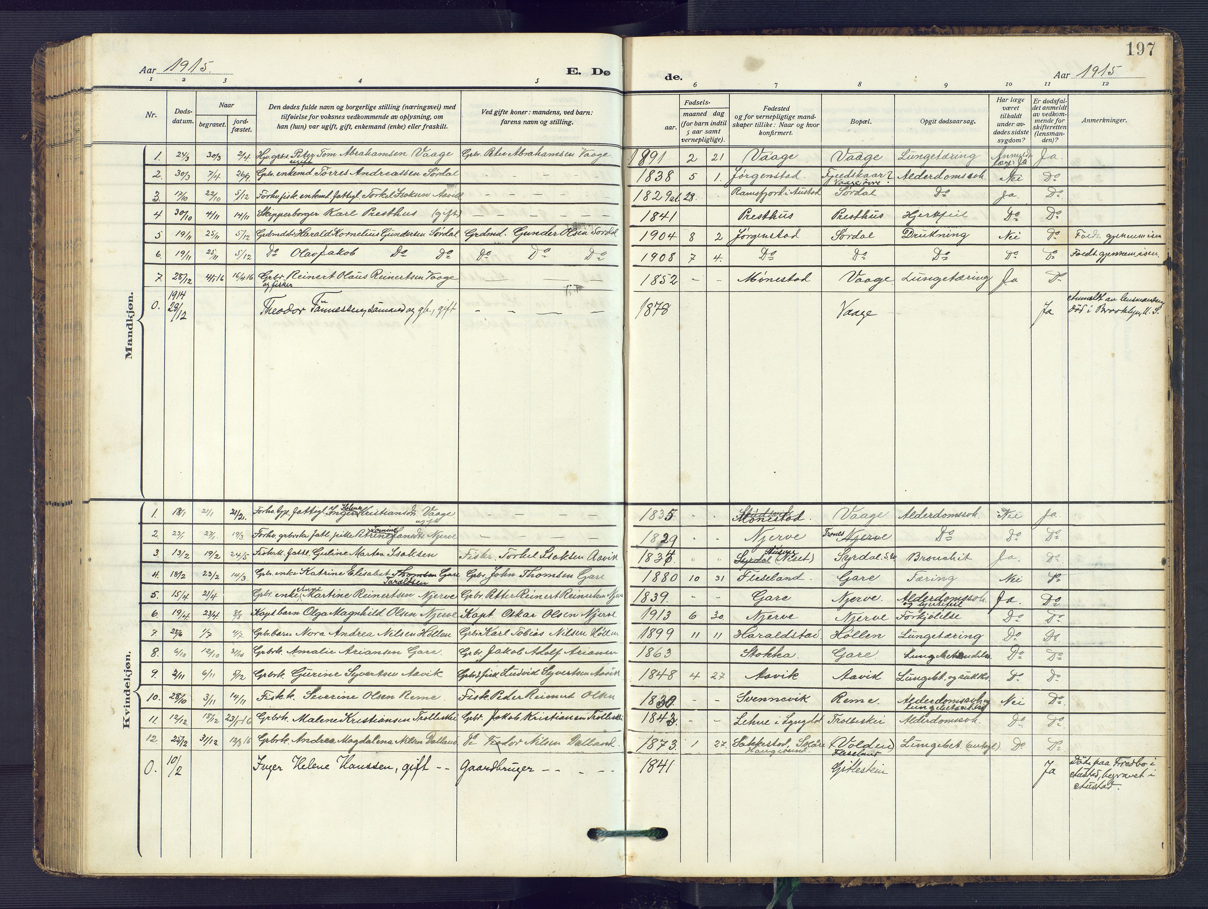 Sør-Audnedal sokneprestkontor, SAK/1111-0039/F/Fb/Fba/L0005: Klokkerbok nr. B 5, 1908-1963, s. 197