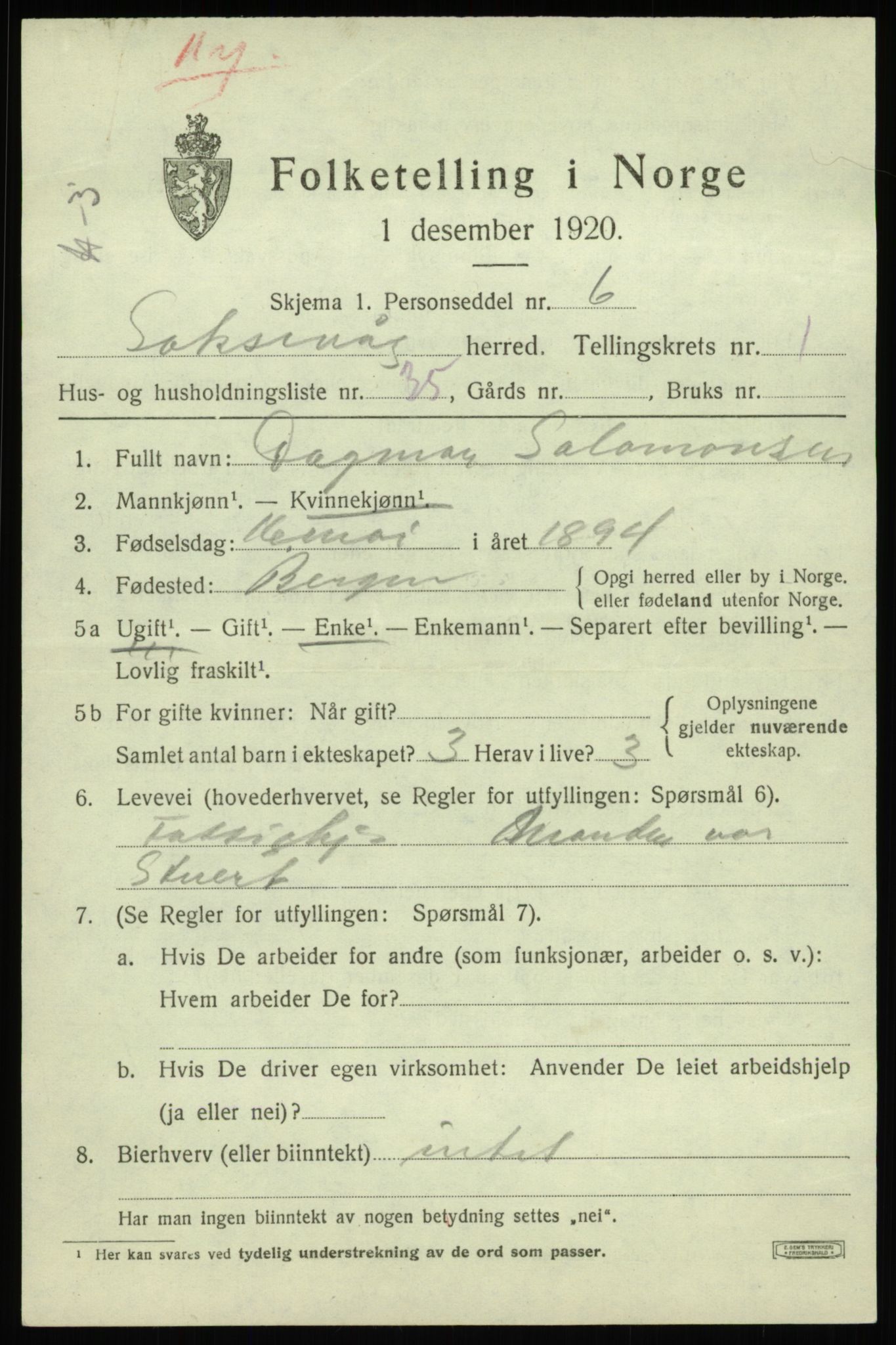 SAB, Folketelling 1920 for 1248 Laksevåg herred, 1920, s. 2796