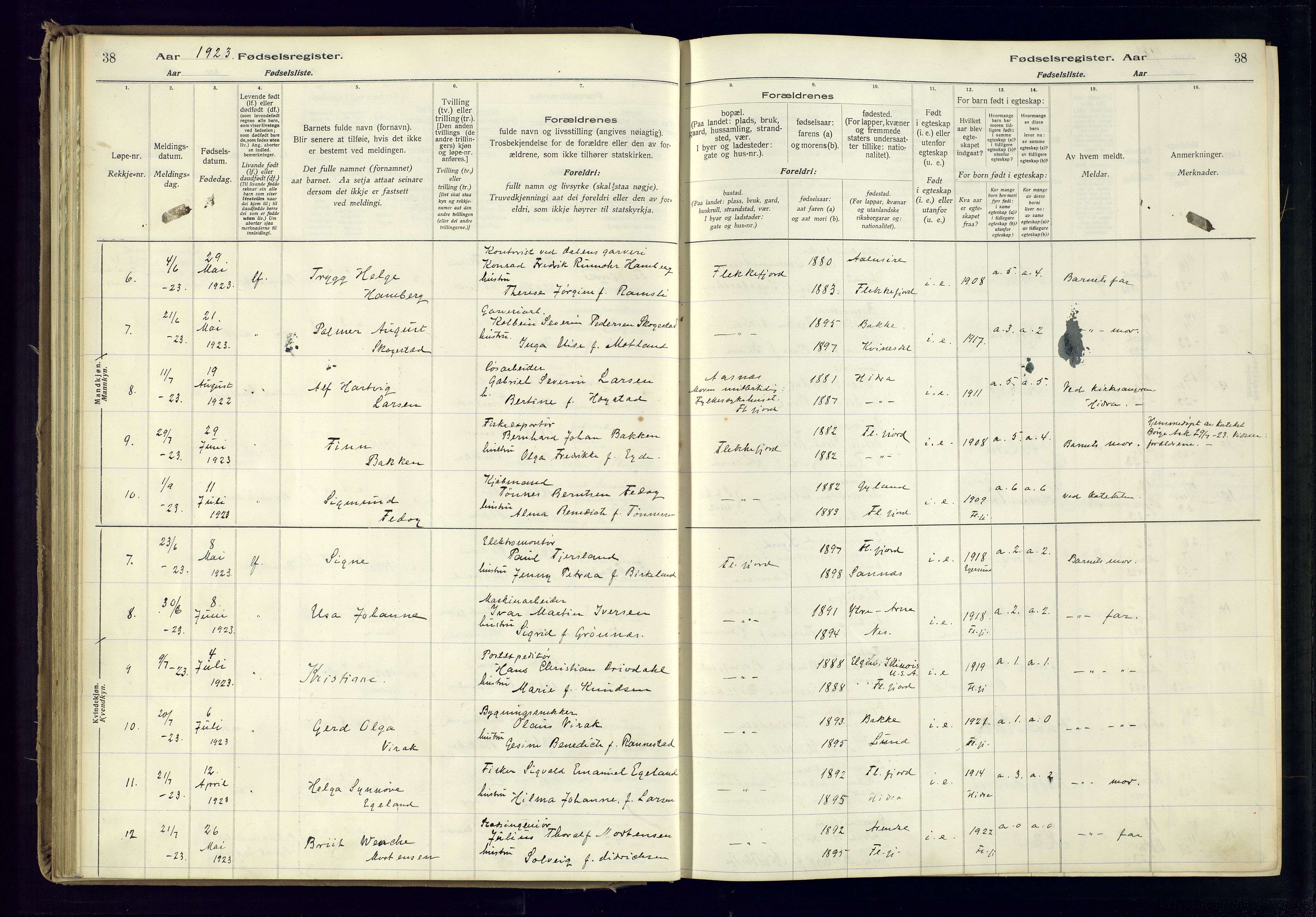 Flekkefjord sokneprestkontor, AV/SAK-1111-0012/J/Ja/L0001: Fødselsregister nr. 1, 1916-1948, s. 38