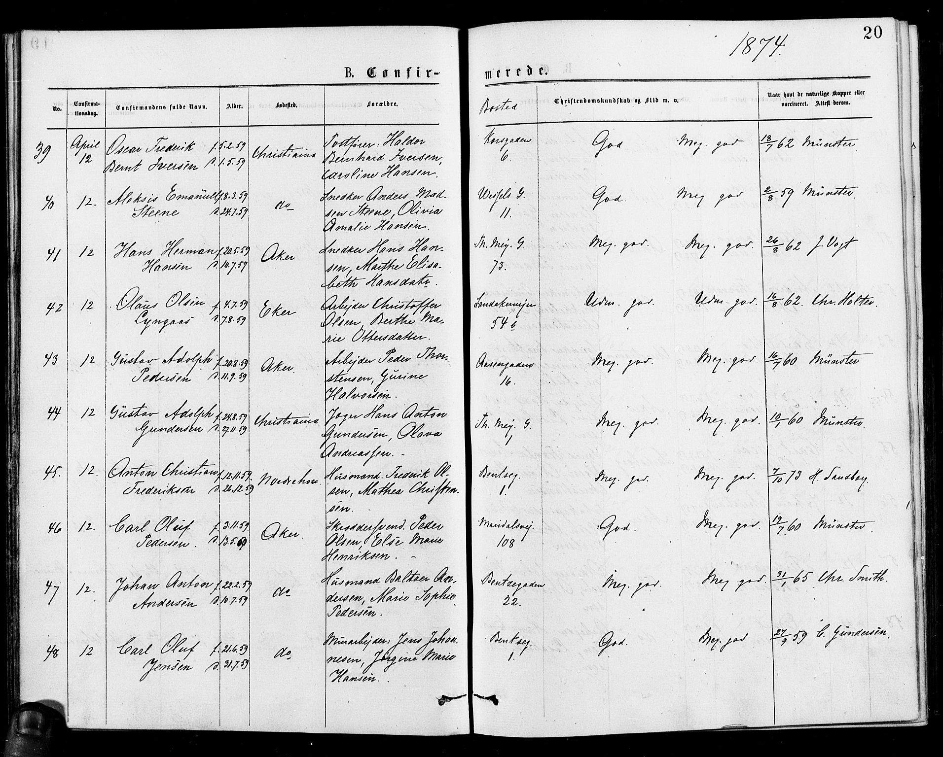 Gamle Aker prestekontor Kirkebøker, AV/SAO-A-10617a/F/L0005: Ministerialbok nr. 5, 1873-1881, s. 20