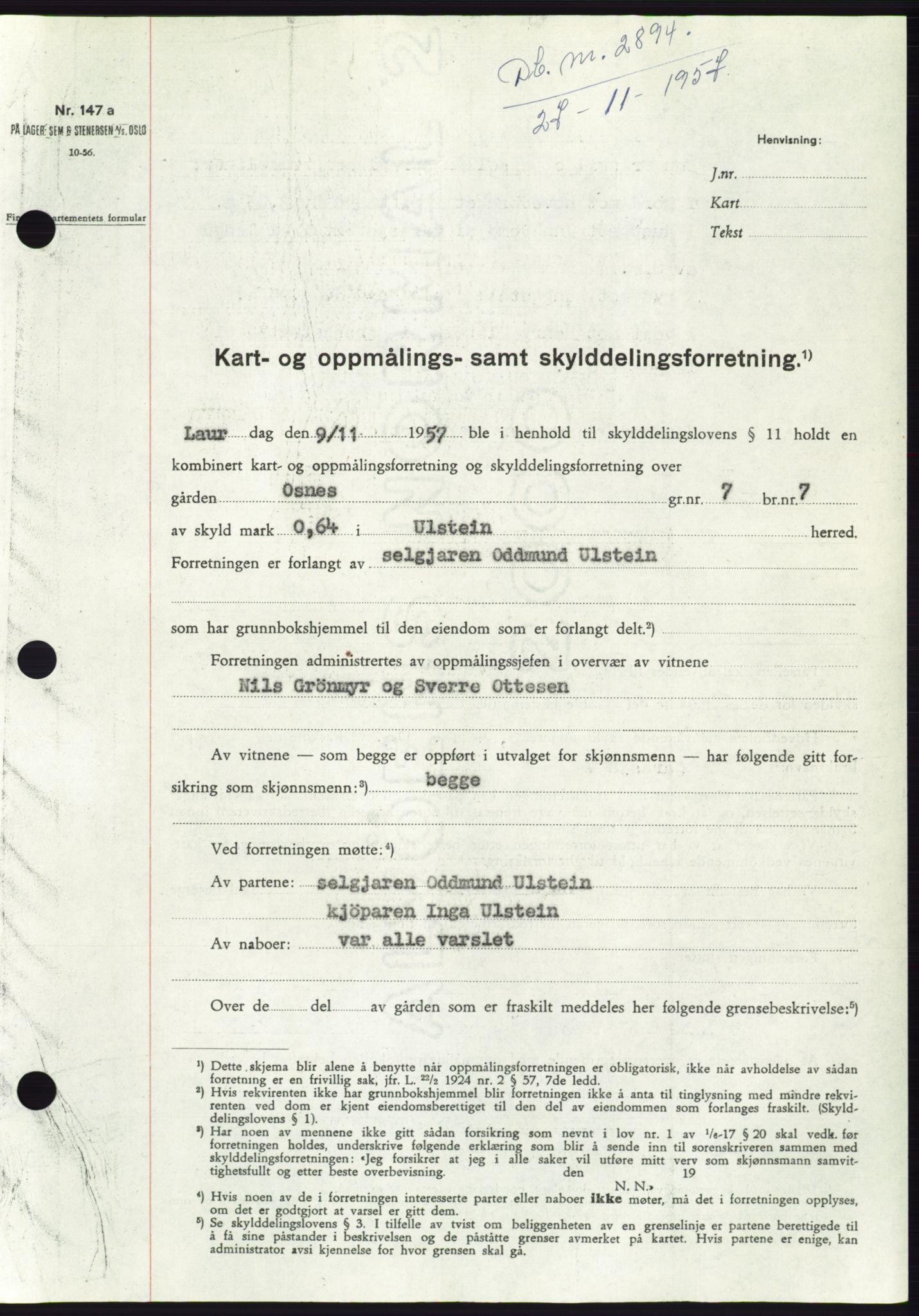 Søre Sunnmøre sorenskriveri, SAT/A-4122/1/2/2C/L0108: Pantebok nr. 34A, 1957-1958, Dagboknr: 2894/1957