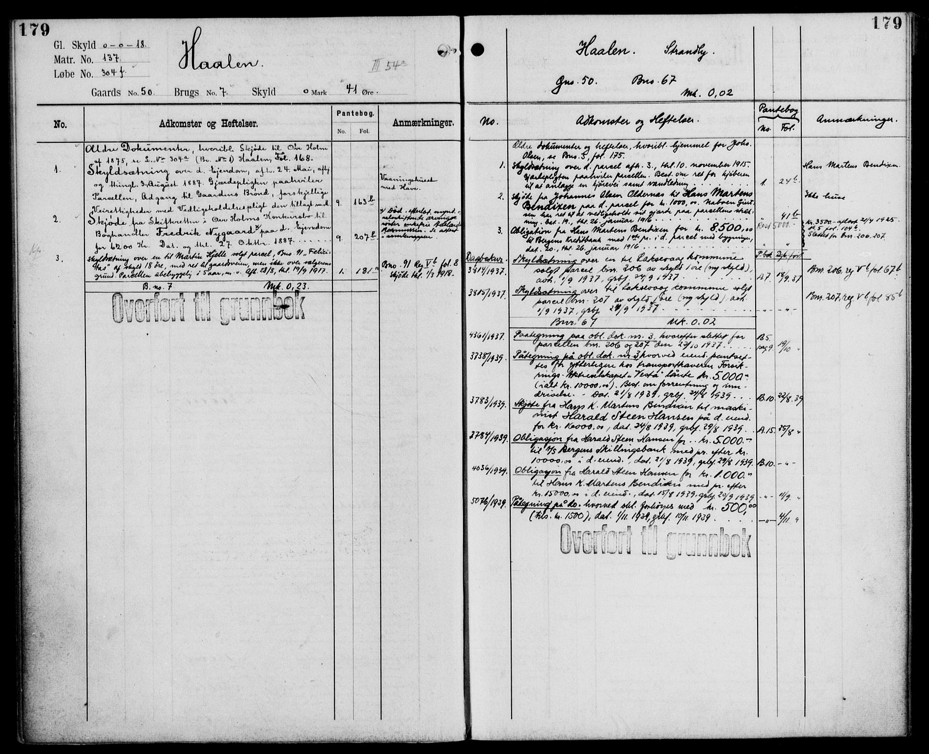 Midhordland sorenskriveri, AV/SAB-A-3001/1/G/Ga/Gab/L0110: Panteregister nr. II.A.b.110, s. 179