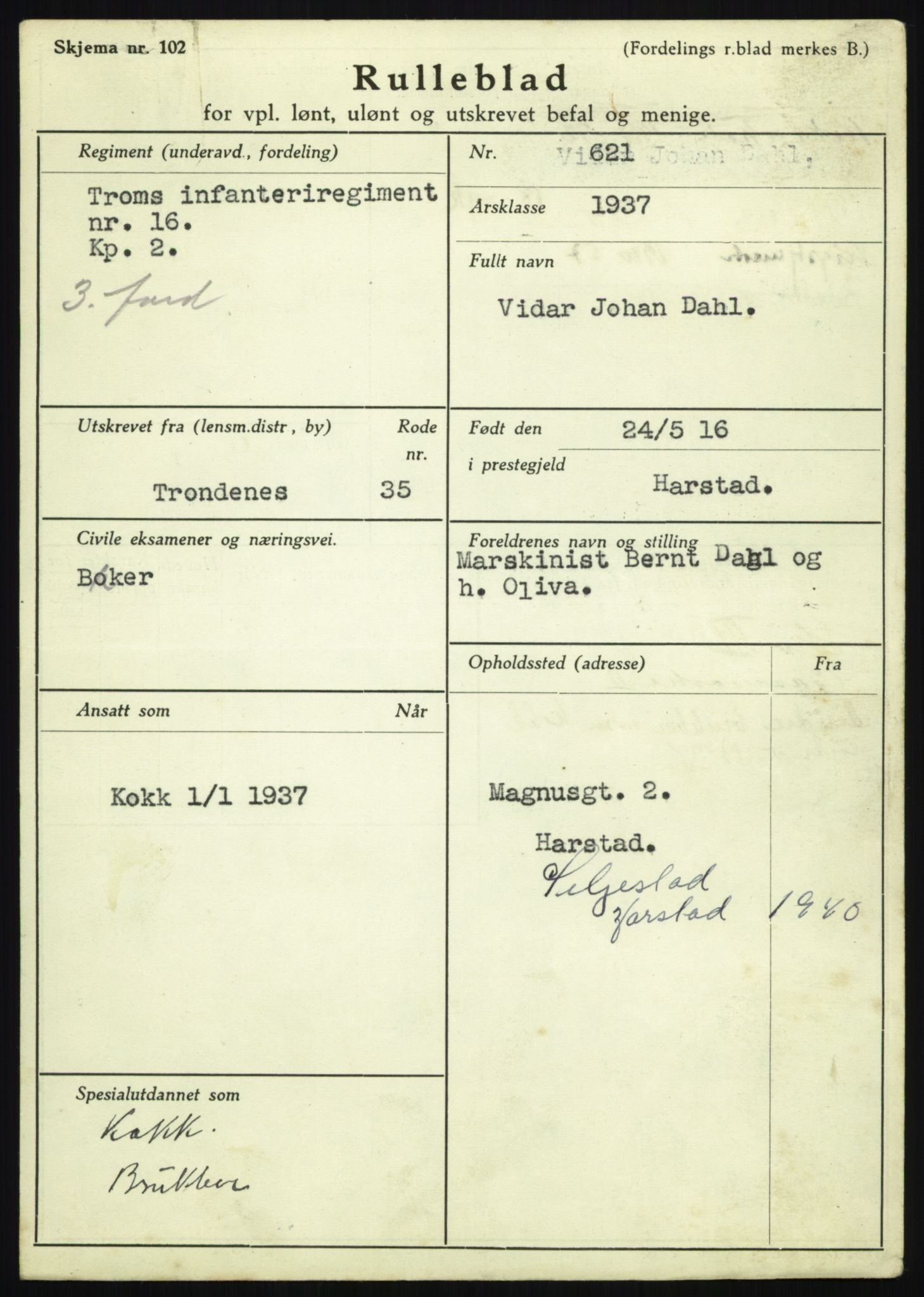 Forsvaret, Troms infanteriregiment nr. 16, AV/RA-RAFA-3146/P/Pa/L0021: Rulleblad for regimentets menige mannskaper, årsklasse 1937, 1937, s. 121