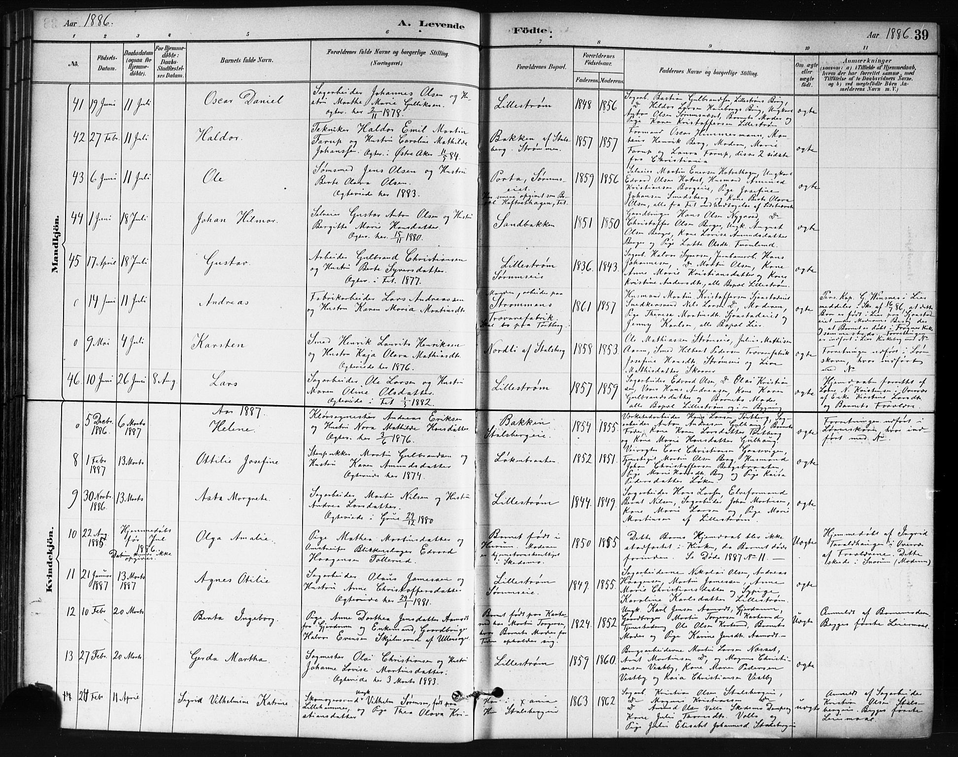 Skedsmo prestekontor Kirkebøker, AV/SAO-A-10033a/G/Ga/L0004: Klokkerbok nr. I 4, 1883-1895, s. 39