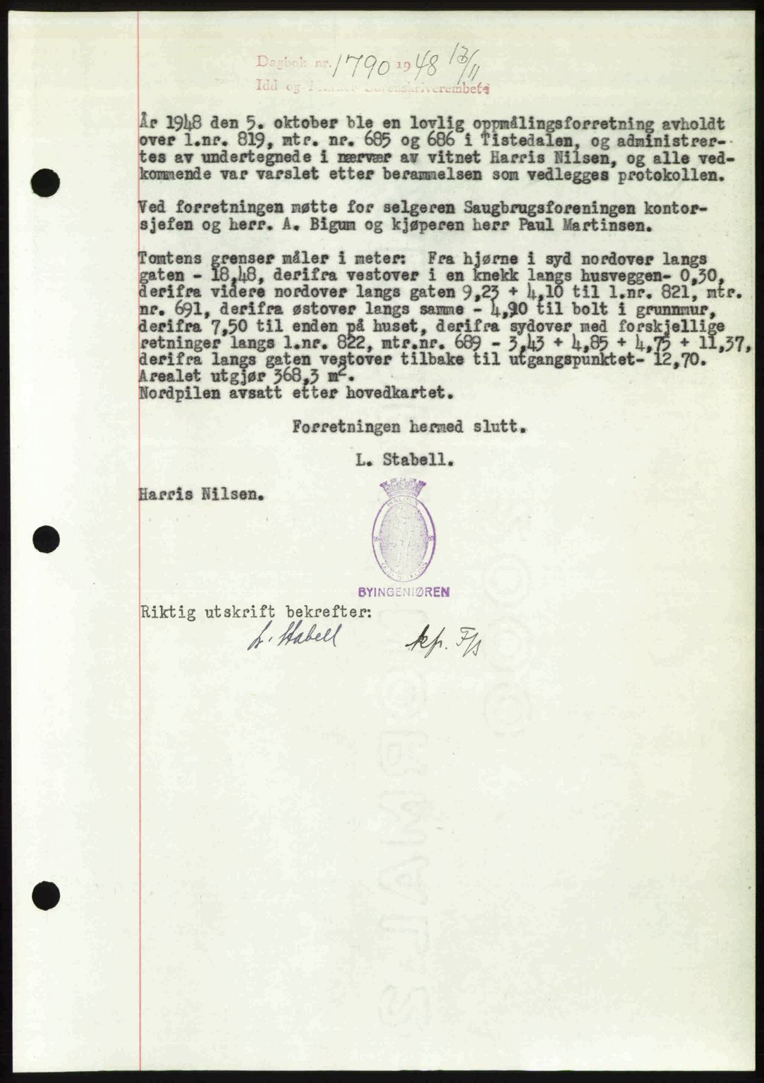 Idd og Marker sorenskriveri, SAO/A-10283/G/Gb/Gbb/L0011: Pantebok nr. A11, 1948-1949, Dagboknr: 1790/1948