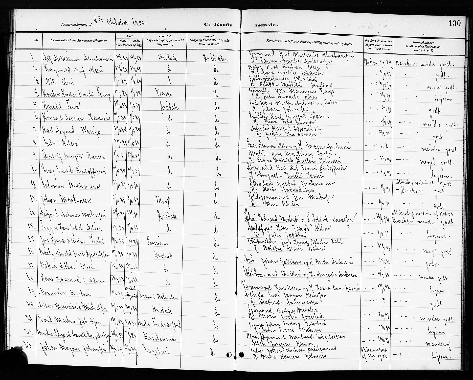 Drøbak prestekontor Kirkebøker, SAO/A-10142a/G/Ga/L0001: Klokkerbok nr. I 1, 1897-1917, s. 130