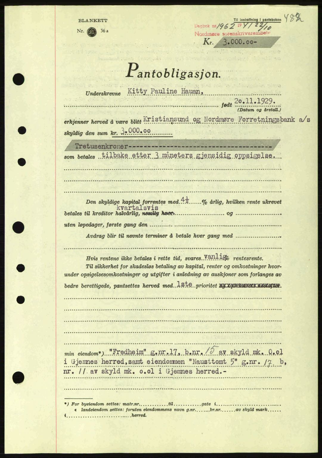 Nordmøre sorenskriveri, SAT/A-4132/1/2/2Ca: Pantebok nr. B88, 1941-1942, Dagboknr: 1962/1941