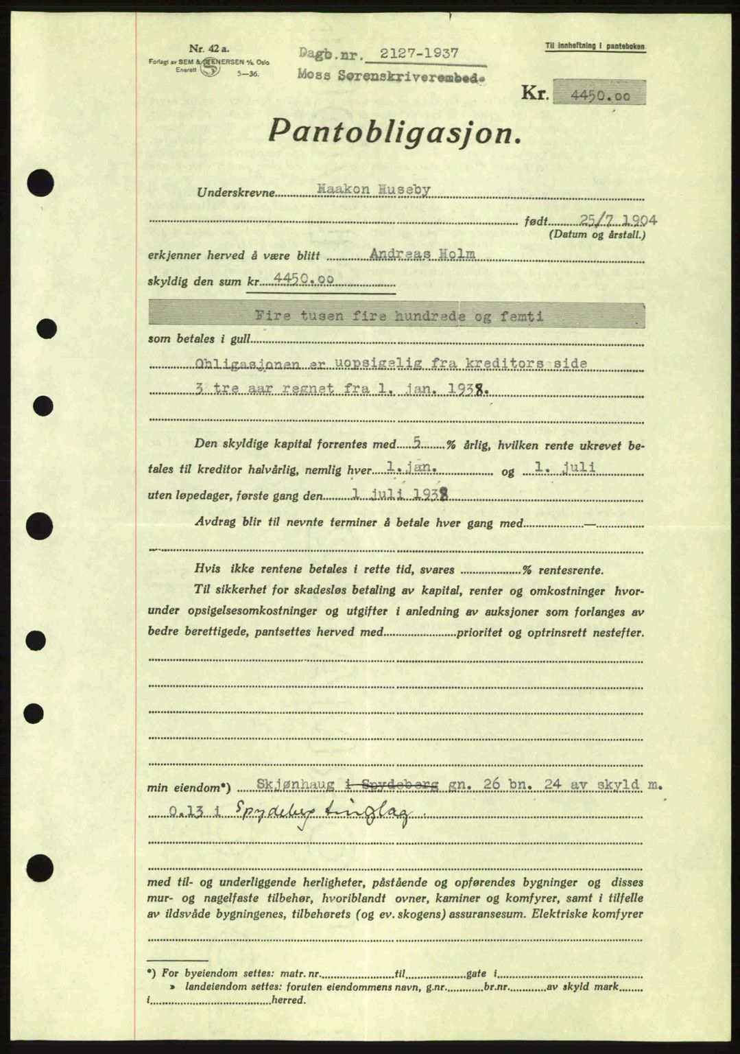 Moss sorenskriveri, SAO/A-10168: Pantebok nr. B4, 1937-1938, Dagboknr: 2127/1937