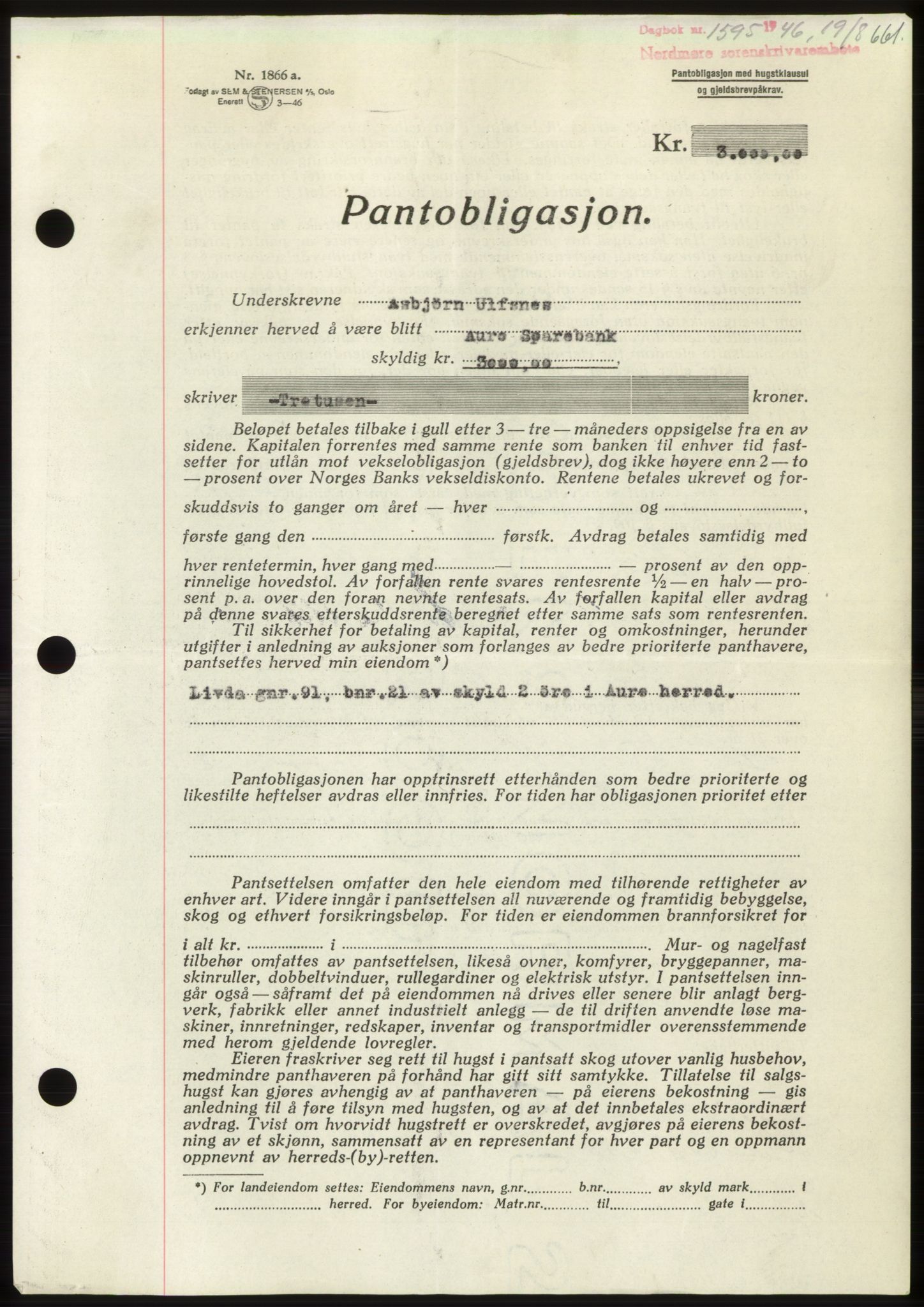 Nordmøre sorenskriveri, AV/SAT-A-4132/1/2/2Ca: Pantebok nr. B94, 1946-1946, Dagboknr: 1595/1946