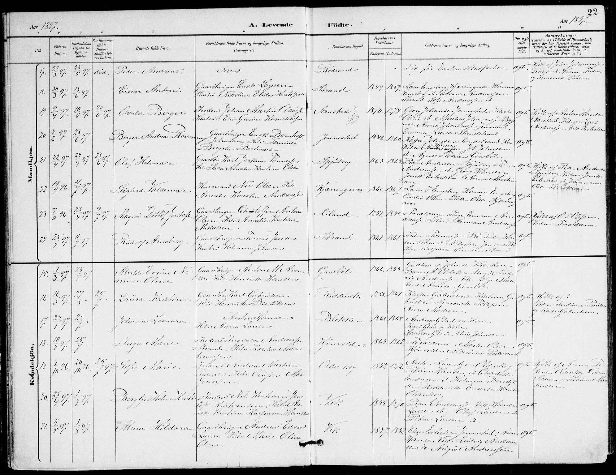 Ministerialprotokoller, klokkerbøker og fødselsregistre - Nordland, AV/SAT-A-1459/895/L1372: Ministerialbok nr. 895A07, 1894-1914, s. 22