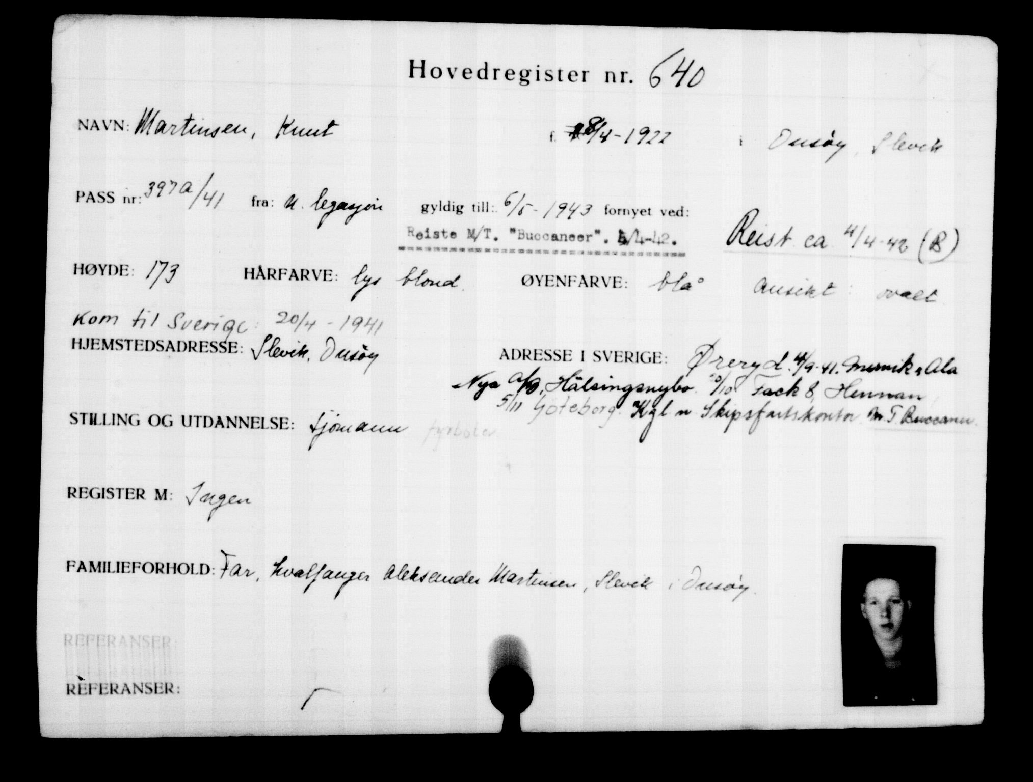 Utenriksstasjonene, Legasjonen i Stockholm, Flyktningkontoret, AV/RA-S-6753/V/Va/L0001: Kjesäterkartoteket, flyktninger med registreringsnr. 1-1000, 1940-1945, s. 999