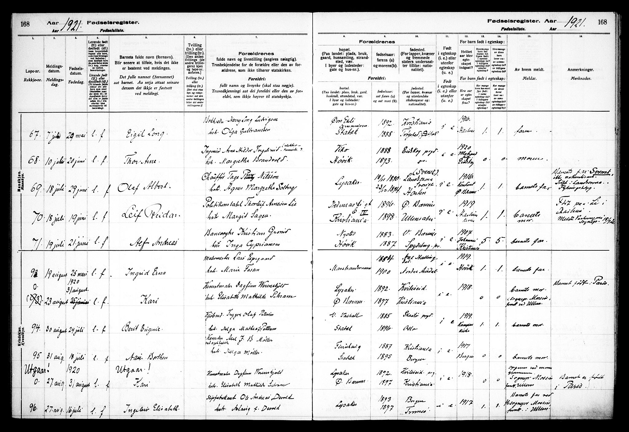 Østre Bærum prestekontor Kirkebøker, AV/SAO-A-10887/J/Ja/L0001: Fødselsregister nr. 1, 1916-1922, s. 168