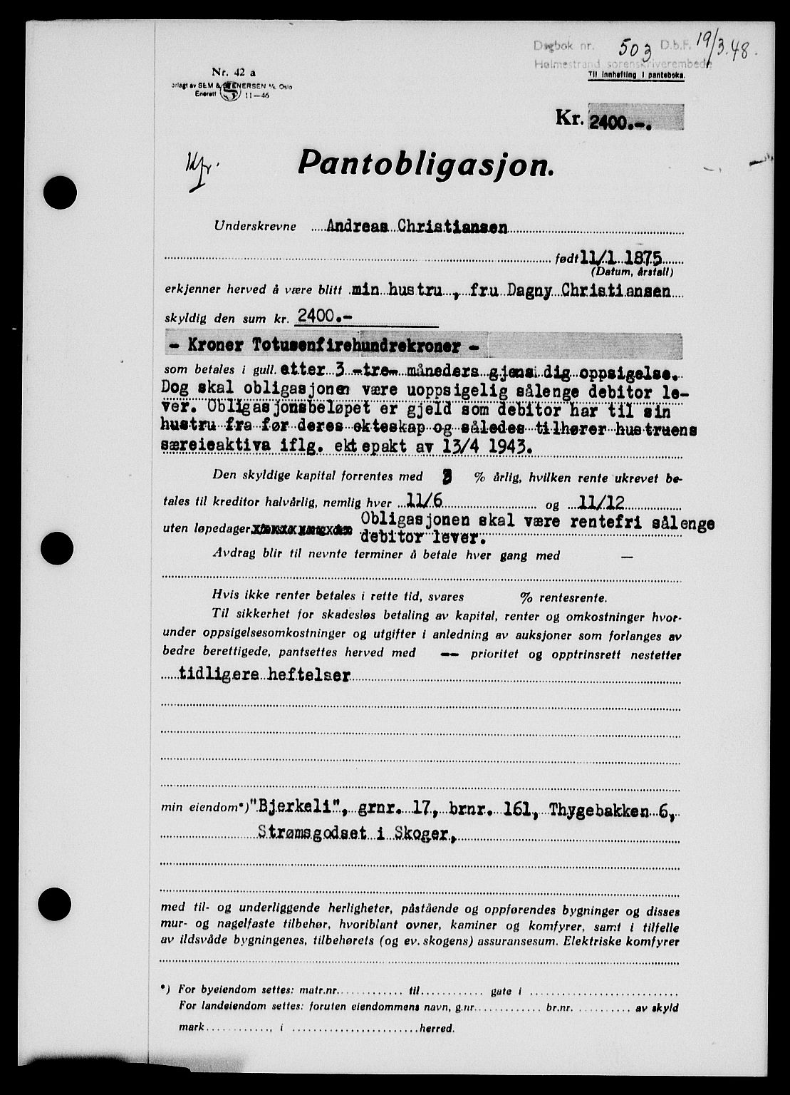 Holmestrand sorenskriveri, SAKO/A-67/G/Ga/Gab/L0058: Pantebok nr. B-58, 1947-1948, Dagboknr: 503/1948