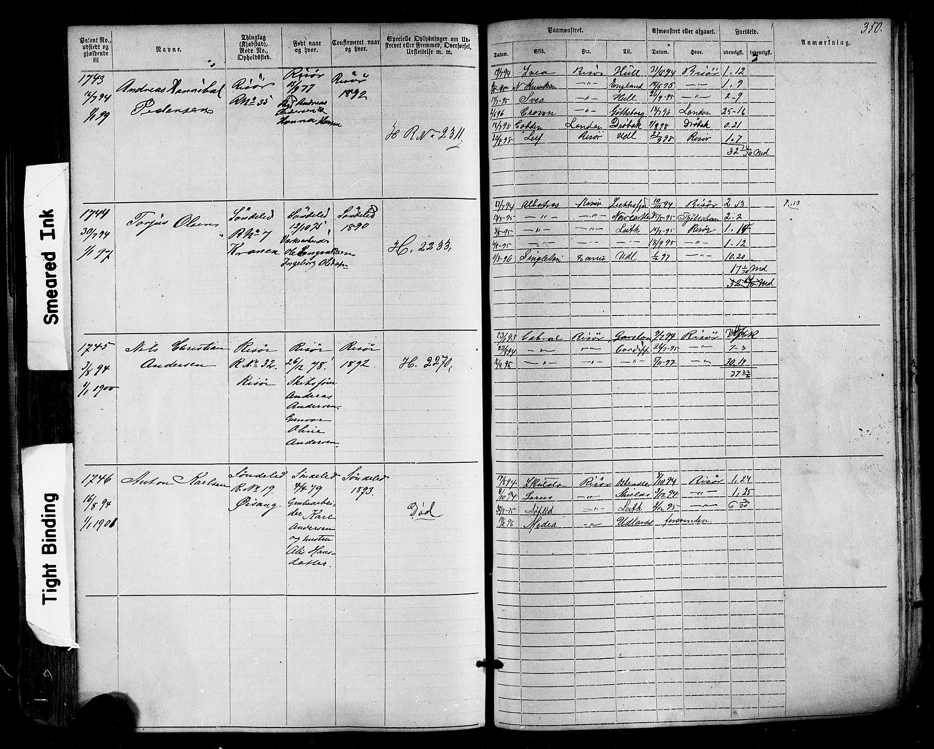 Risør mønstringskrets, SAK/2031-0010/F/Fa/L0003: Annotasjonsrulle nr 1-1913 med register, T-7, 1863-1899, s. 292