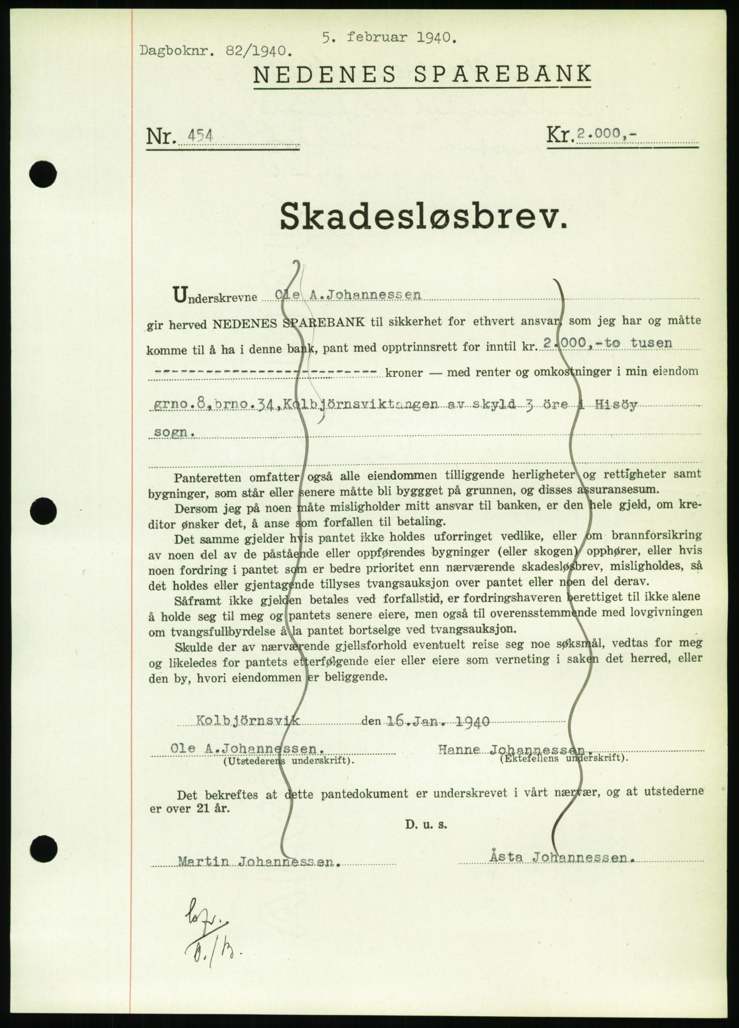 Nedenes sorenskriveri, SAK/1221-0006/G/Gb/Gbb/L0001: Pantebok nr. I, 1939-1942, Dagboknr: 82/1940