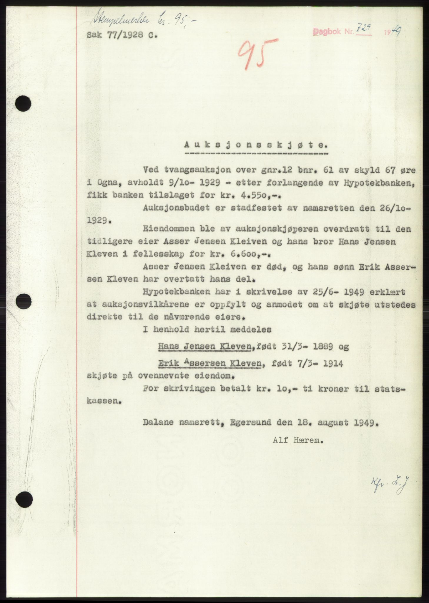 Dalane sorenskriveri, SAST/A-100309/02/G/Gb/L0058: Pantebok, 1926-1950, Tingl.dato: 19.08.1949