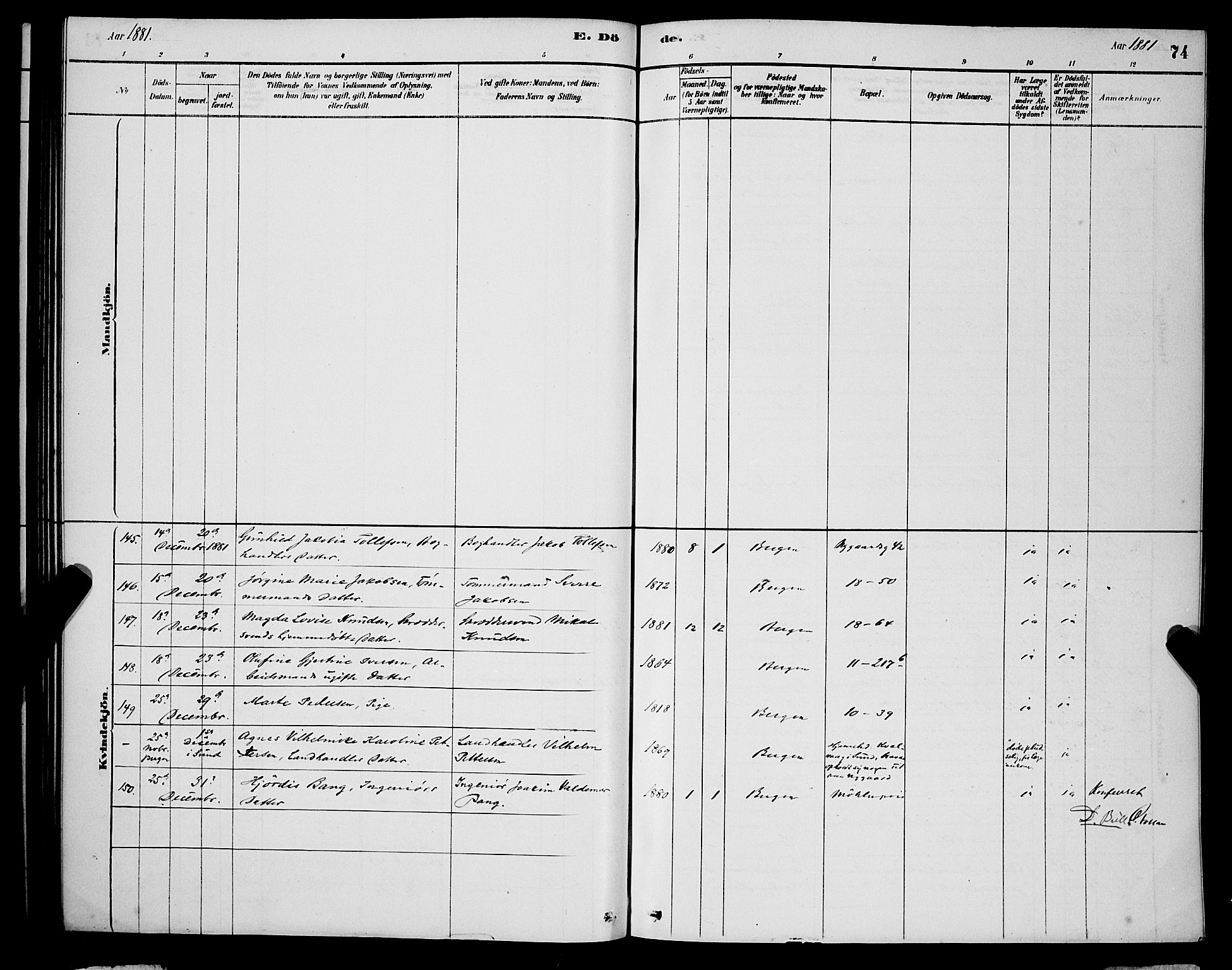 Domkirken sokneprestembete, AV/SAB-A-74801/H/Hab/L0041: Klokkerbok nr. E 5, 1878-1900, s. 74