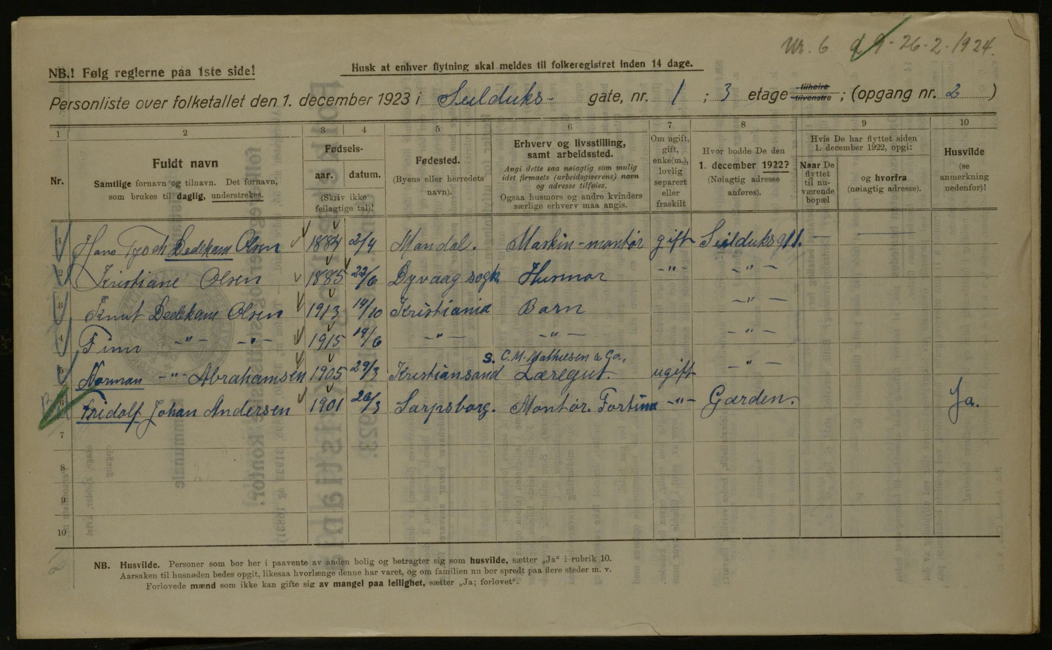 OBA, Kommunal folketelling 1.12.1923 for Kristiania, 1923, s. 103970