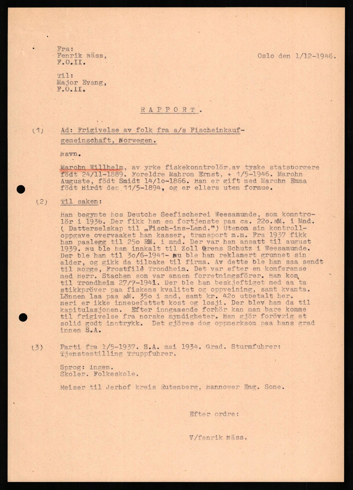 Forsvaret, Forsvarets overkommando II, RA/RAFA-3915/D/Db/L0021: CI Questionaires. Tyske okkupasjonsstyrker i Norge. Tyskere., 1945-1946, s. 166