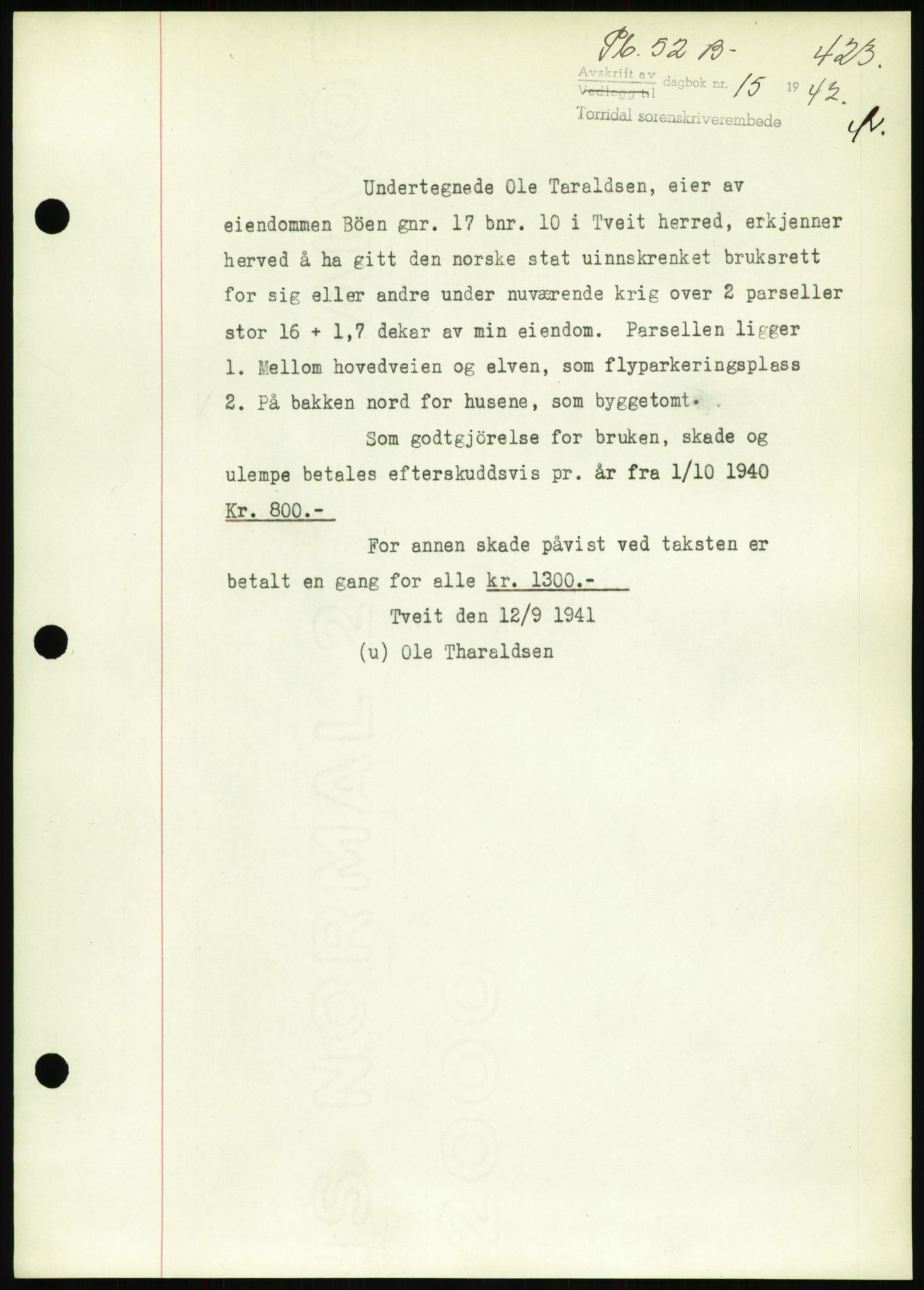 Torridal sorenskriveri, SAK/1221-0012/G/Gb/Gbb/L0008: Pantebok nr. 52b, 1940-1942, Dagboknr: 15/1942