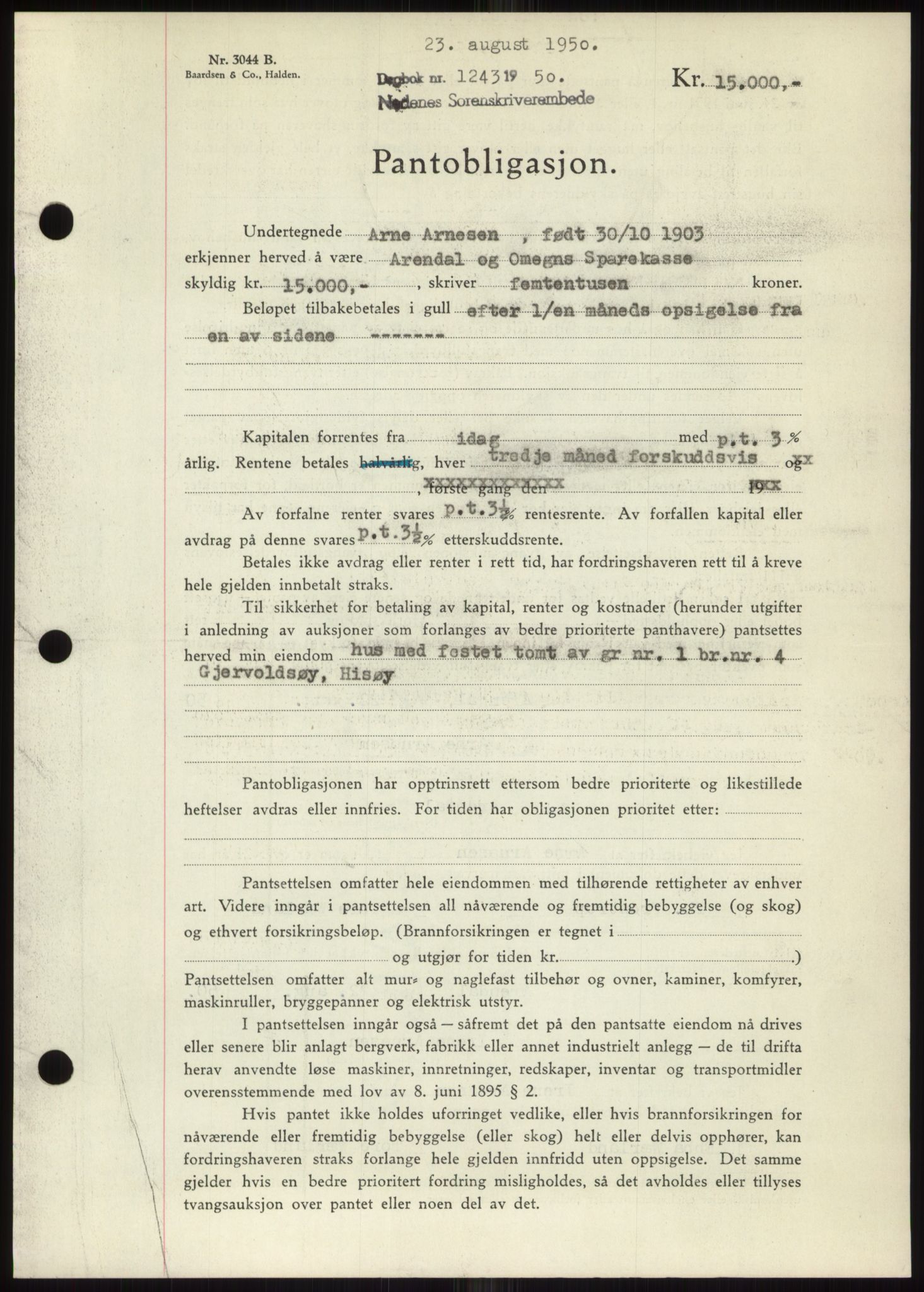 Nedenes sorenskriveri, SAK/1221-0006/G/Gb/Gbb/L0008: Pantebok nr. B8, 1950-1950, Dagboknr: 1243/1950