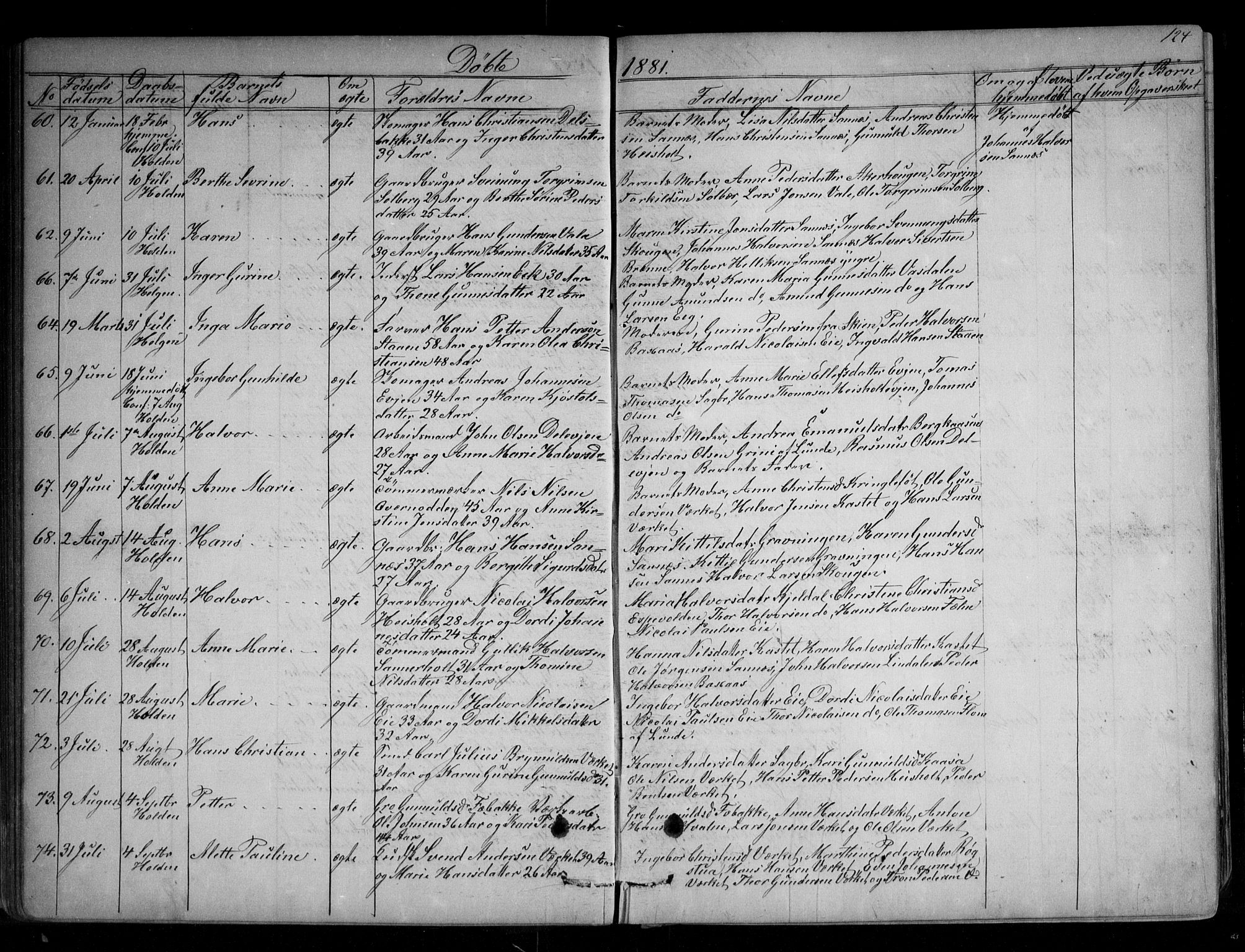 Holla kirkebøker, AV/SAKO-A-272/G/Ga/L0004: Klokkerbok nr. I 4, 1867-1890, s. 124