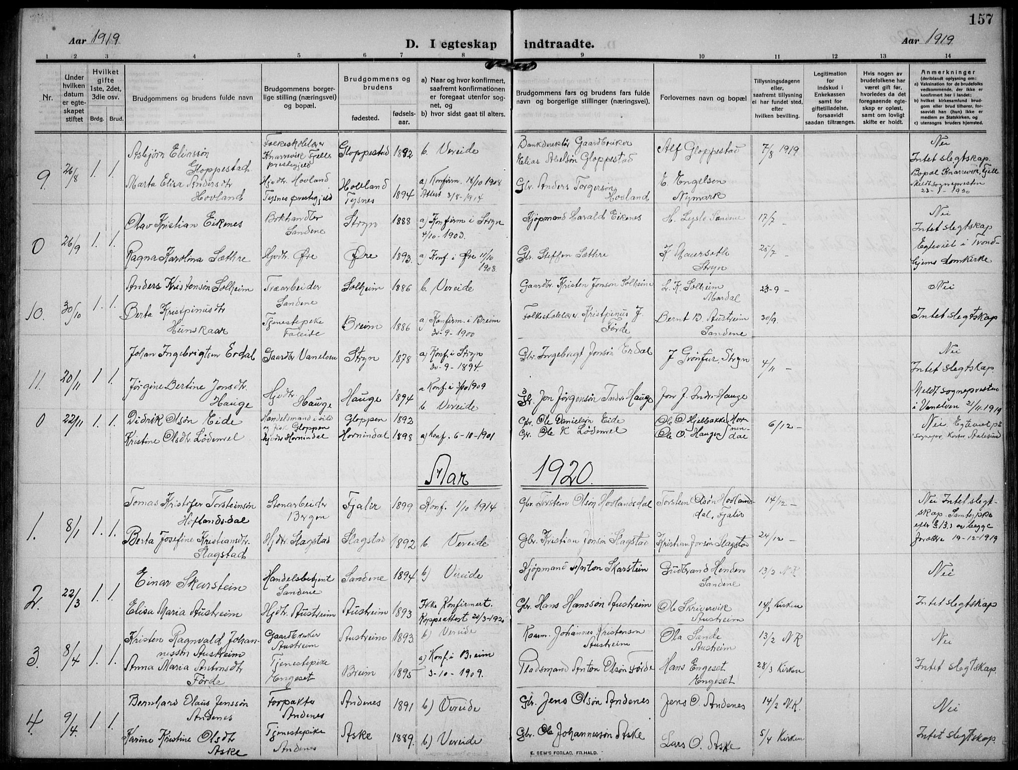 Gloppen sokneprestembete, AV/SAB-A-80101/H/Hab/Habb/L0003: Klokkerbok nr. B 3, 1910-1933, s. 157