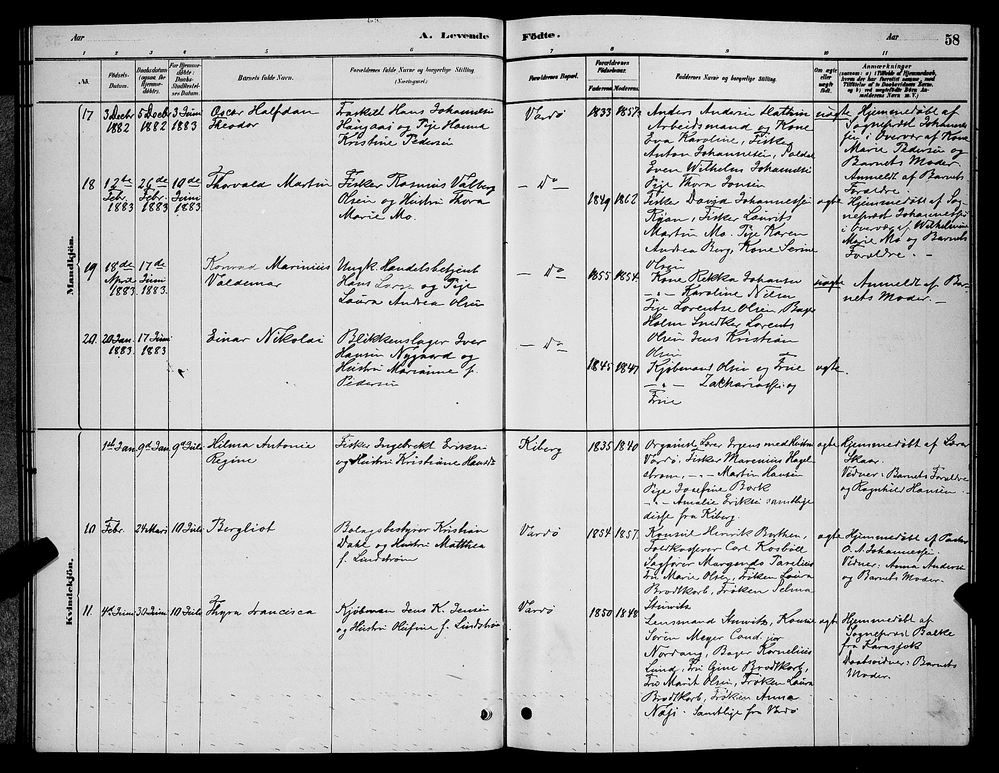 Vardø sokneprestkontor, AV/SATØ-S-1332/H/Hb/L0004klokker: Klokkerbok nr. 4, 1879-1887, s. 58