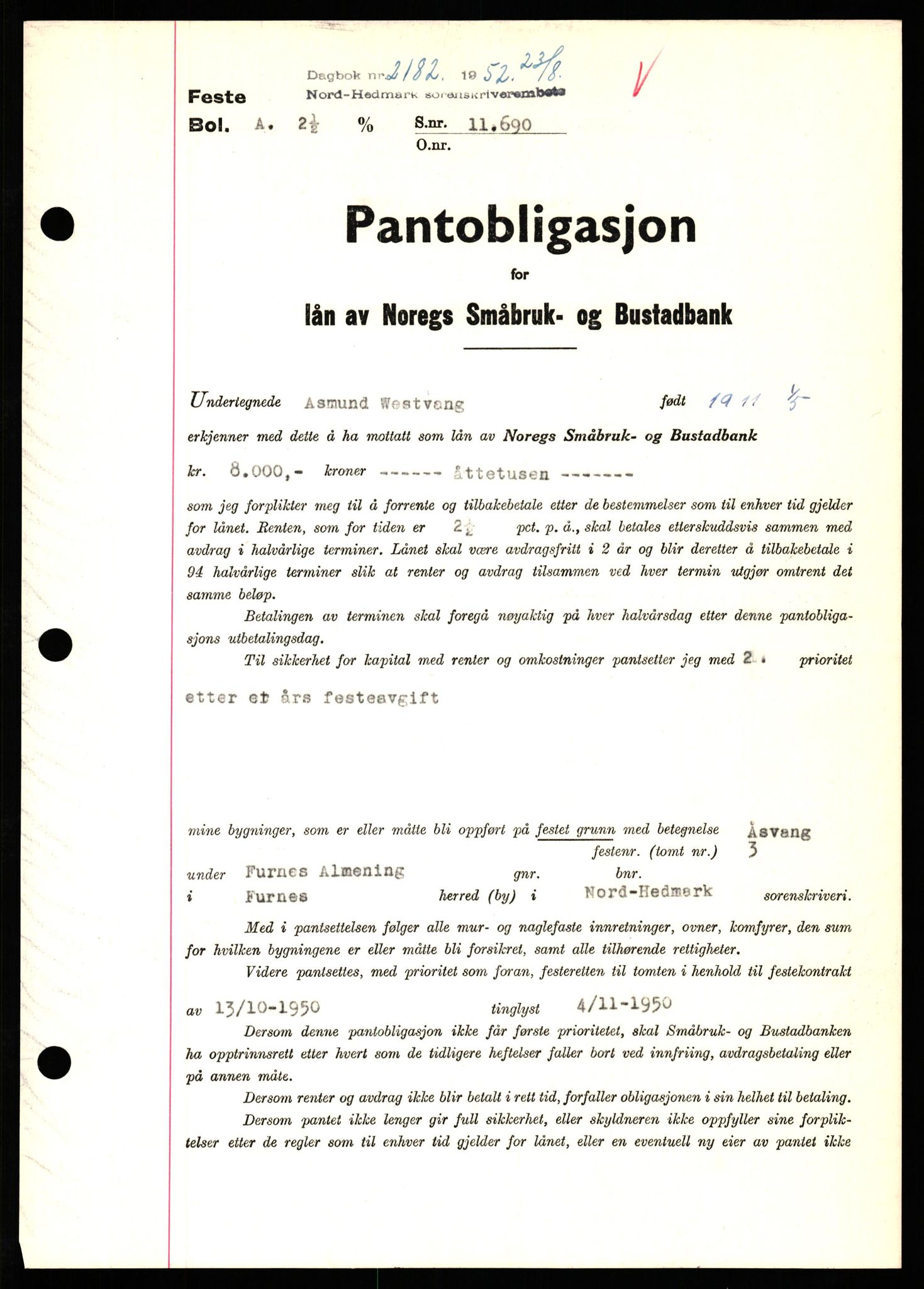 Nord-Hedmark sorenskriveri, SAH/TING-012/H/Hb/Hbf/L0025: Pantebok nr. B25, 1952-1952, Dagboknr: 2182/1952