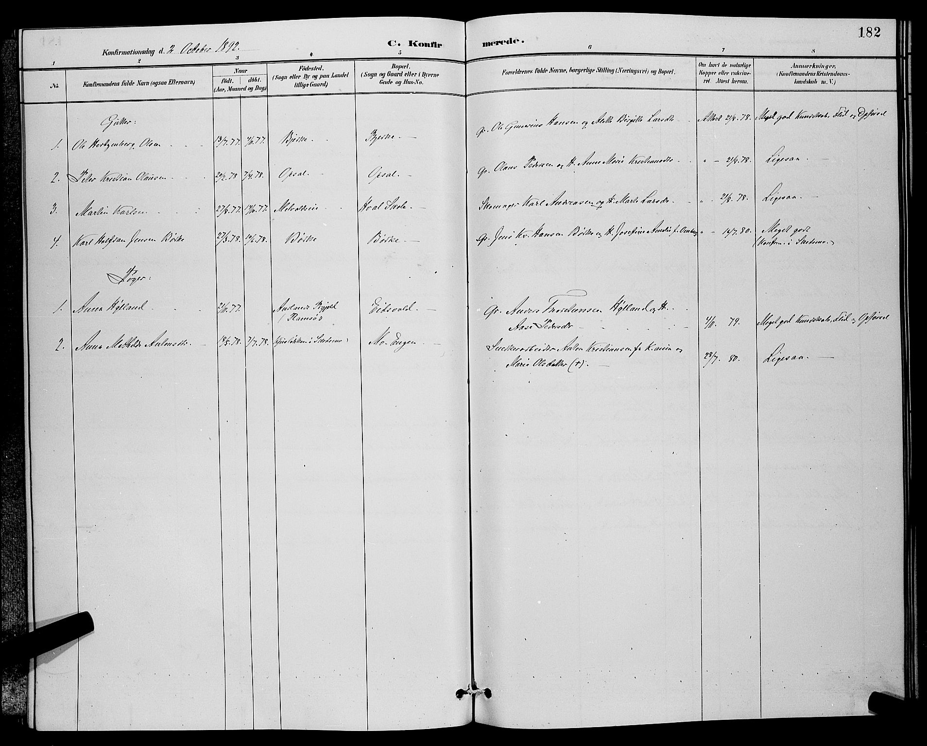 Sørum prestekontor Kirkebøker, SAO/A-10303/G/Ga/L0005: Klokkerbok nr. I 5.2, 1886-1894, s. 182
