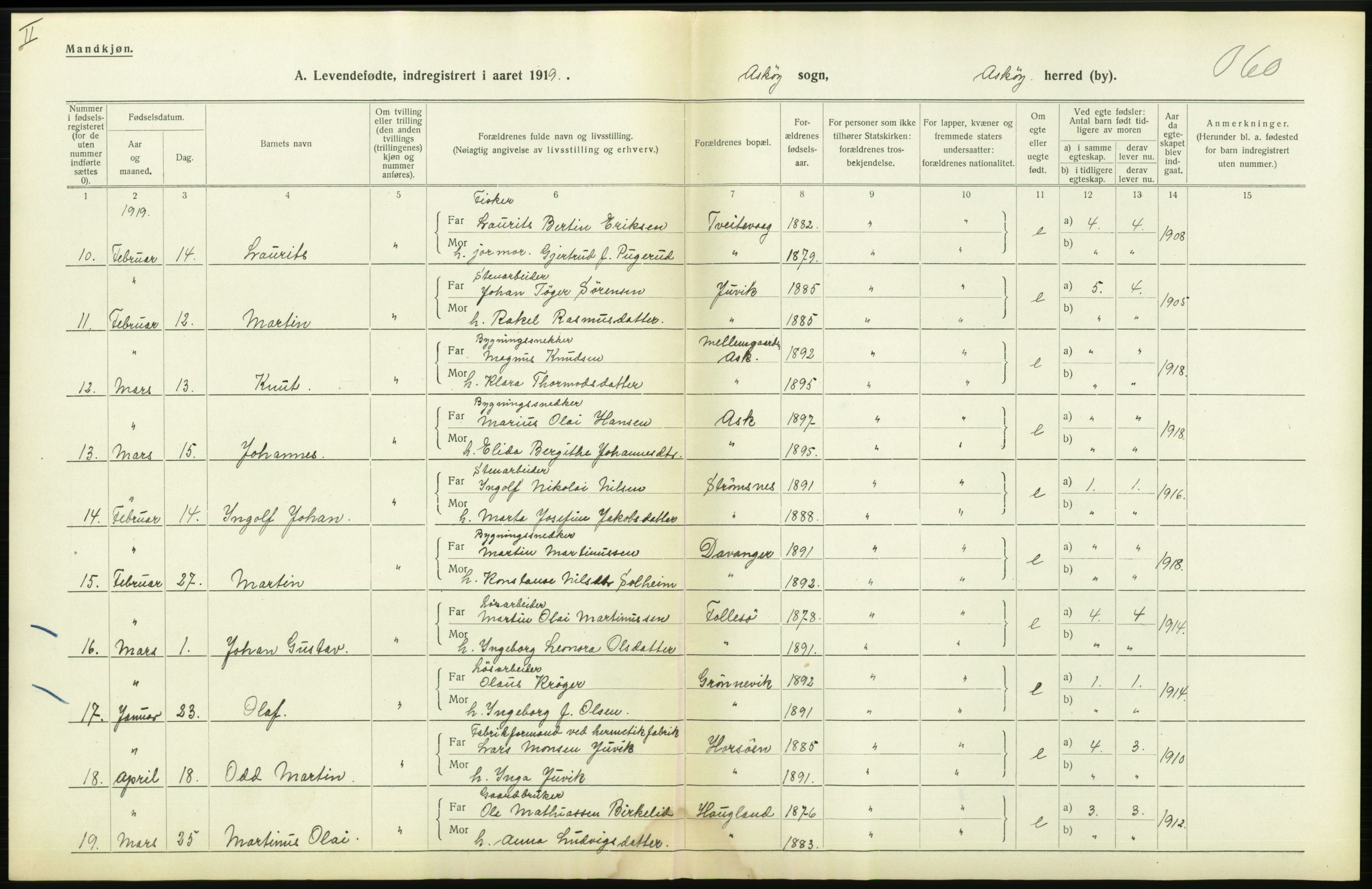 Statistisk sentralbyrå, Sosiodemografiske emner, Befolkning, RA/S-2228/D/Df/Dfb/Dfbi/L0031: Hordaland fylke: Levendefødte menn og kvinner. Bygder., 1919, s. 308