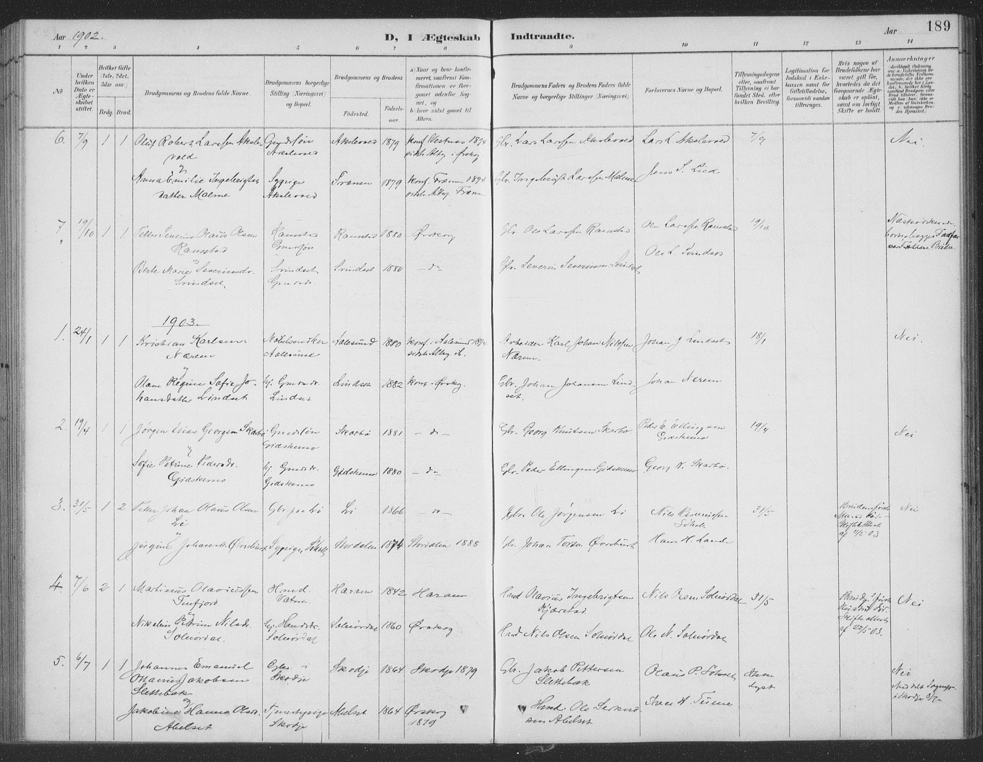 Ministerialprotokoller, klokkerbøker og fødselsregistre - Møre og Romsdal, AV/SAT-A-1454/522/L0316: Ministerialbok nr. 522A11, 1890-1911, s. 189