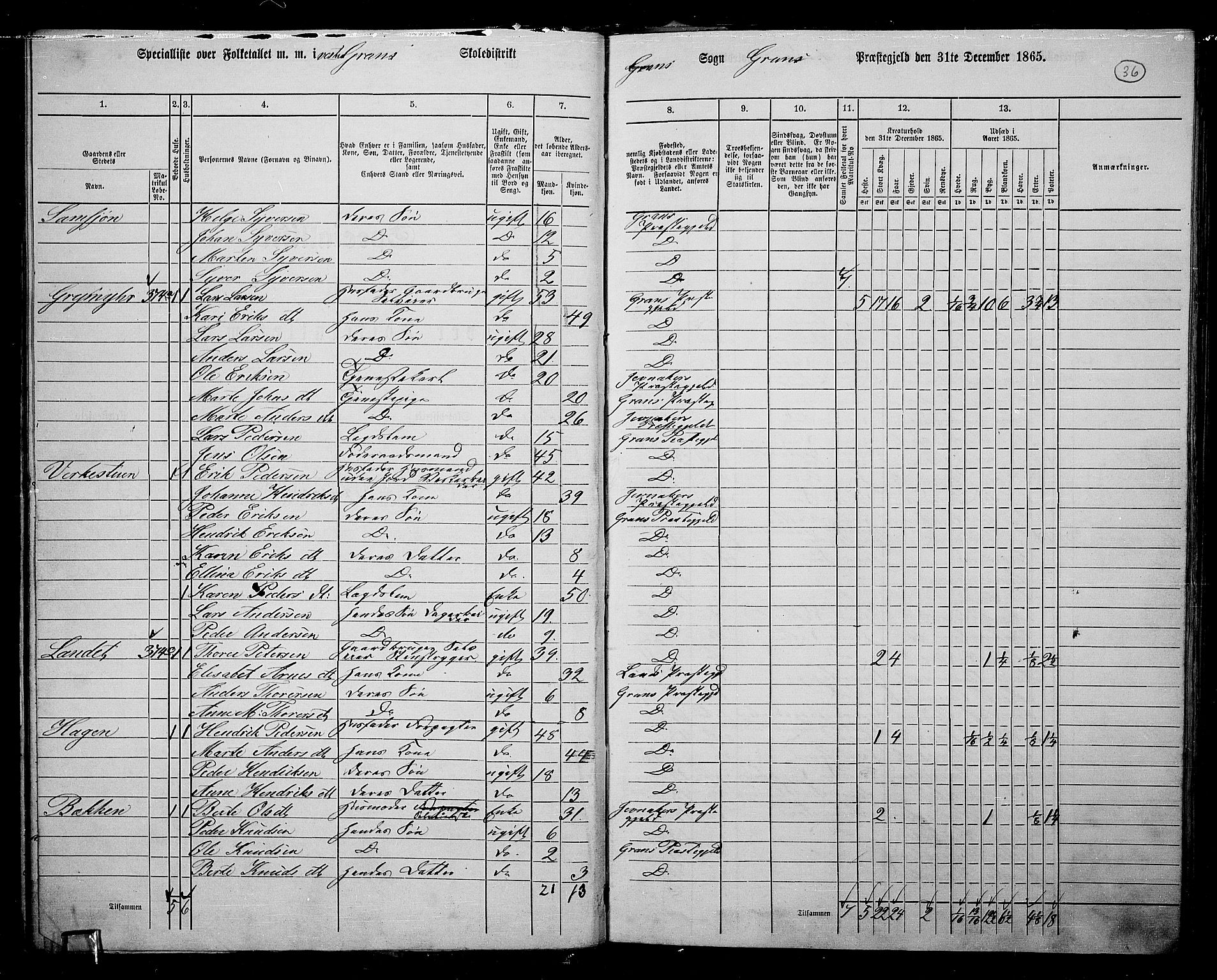 RA, Folketelling 1865 for 0534P Gran prestegjeld, 1865, s. 33