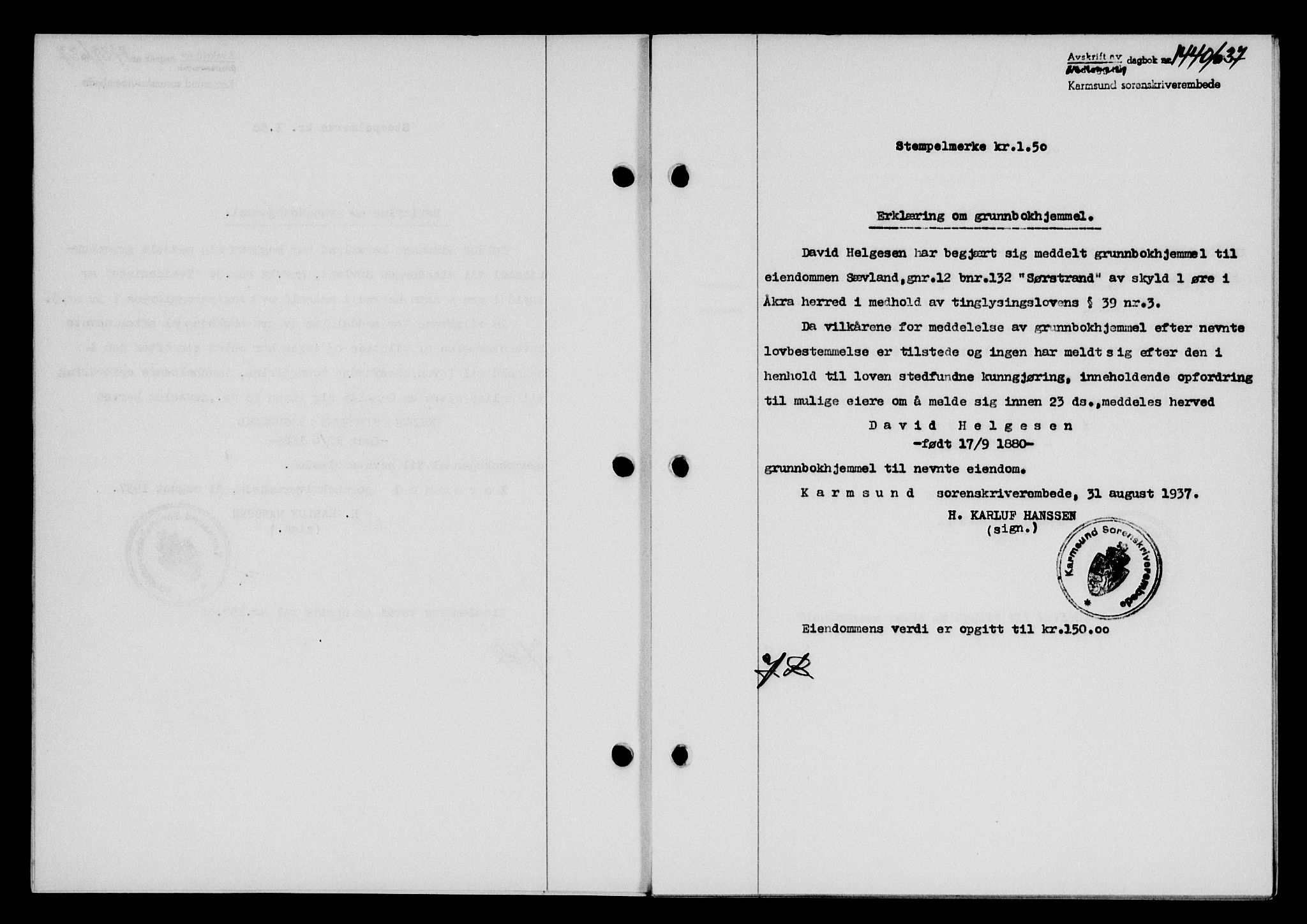 Karmsund sorenskriveri, SAST/A-100311/01/II/IIB/L0068: Pantebok nr. 49A, 1937-1937, Dagboknr: 1440/1937