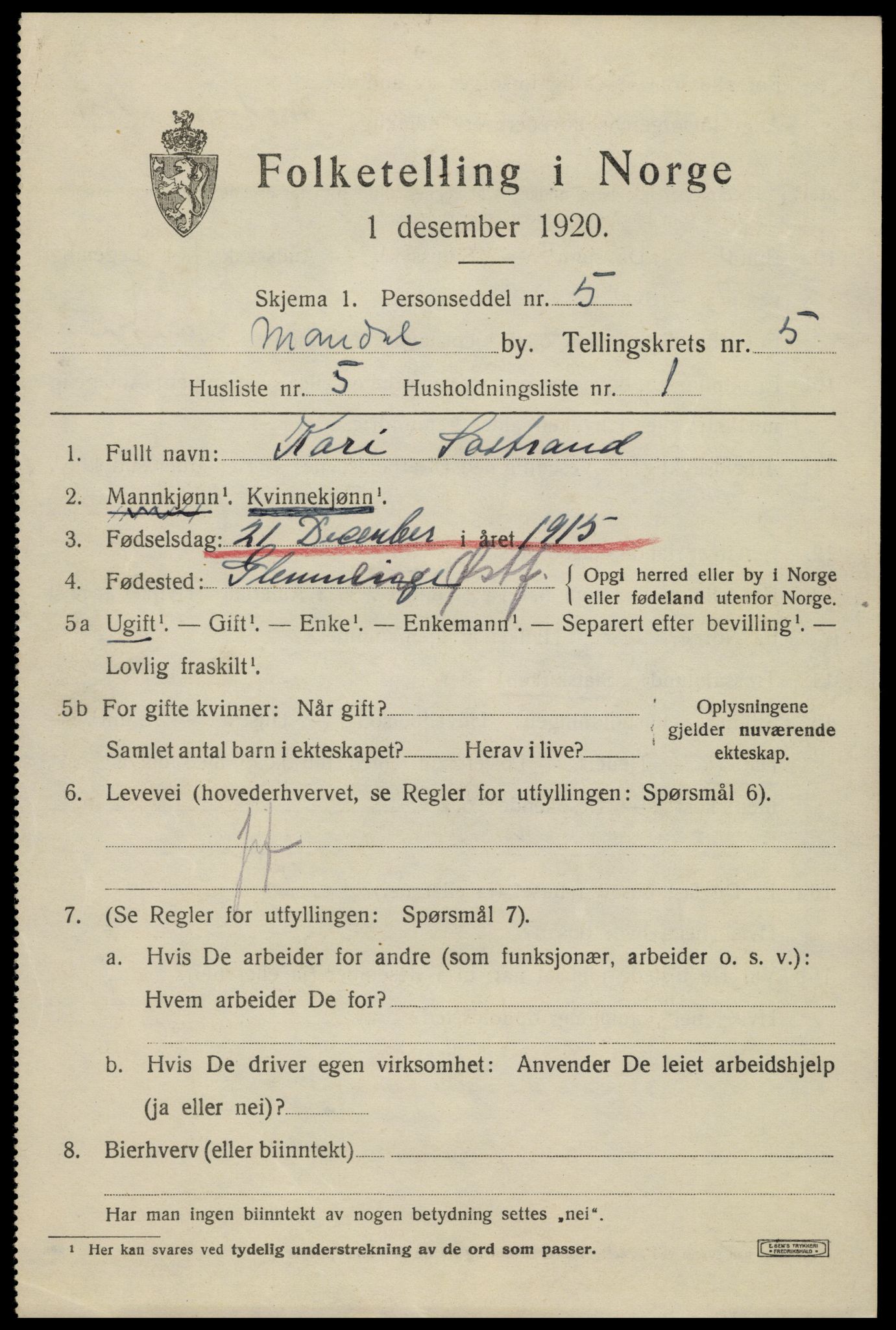 SAK, Folketelling 1920 for 1002 Mandal ladested, 1920, s. 8243
