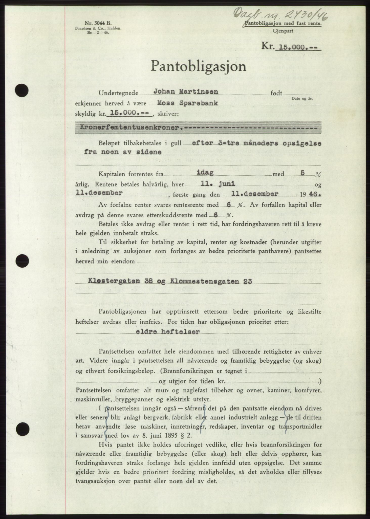 Moss sorenskriveri, SAO/A-10168: Pantebok nr. B16, 1946-1947, Dagboknr: 2430/1946