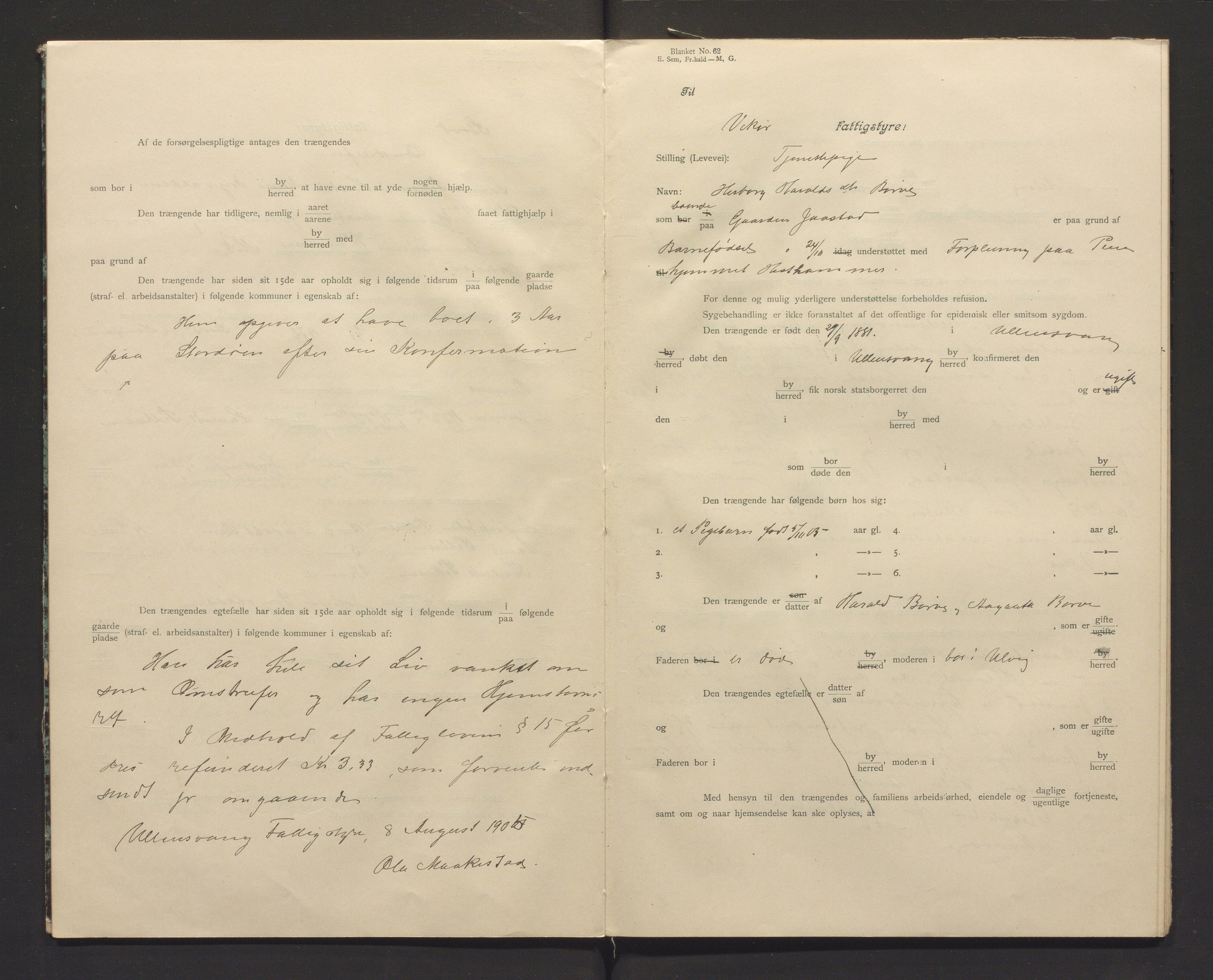 Ullensvang herad. Fattigkommisjonen, IKAH/1231b-311/I/Ia/L0001: Protokoll over heimstavnsforklaringar, 1903-1913