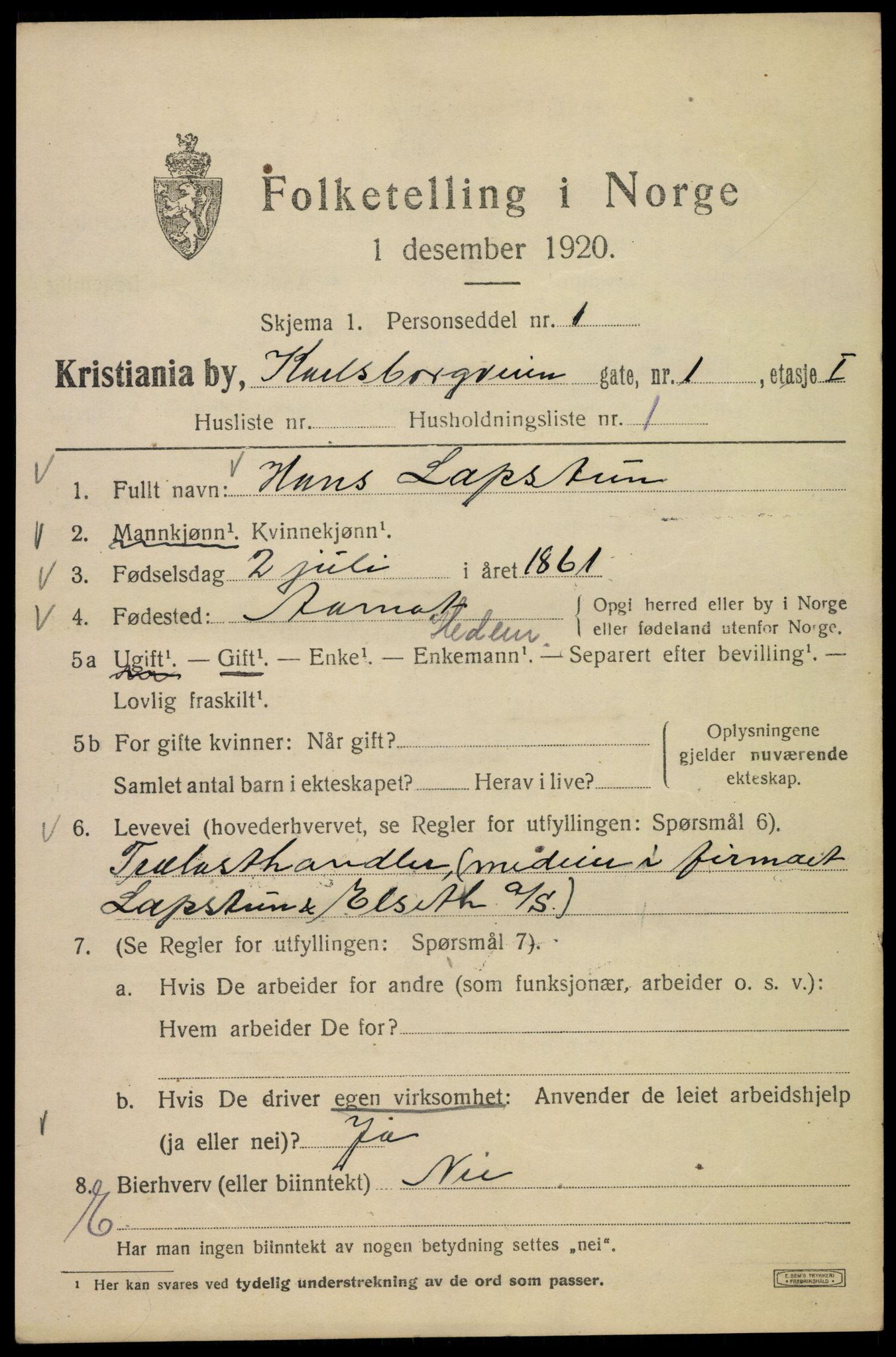 SAO, Folketelling 1920 for 0301 Kristiania kjøpstad, 1920, s. 329989