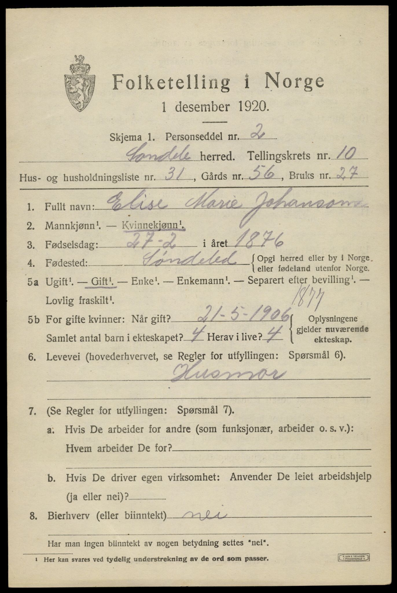 SAK, Folketelling 1920 for 0913 Søndeled herred, 1920, s. 5315