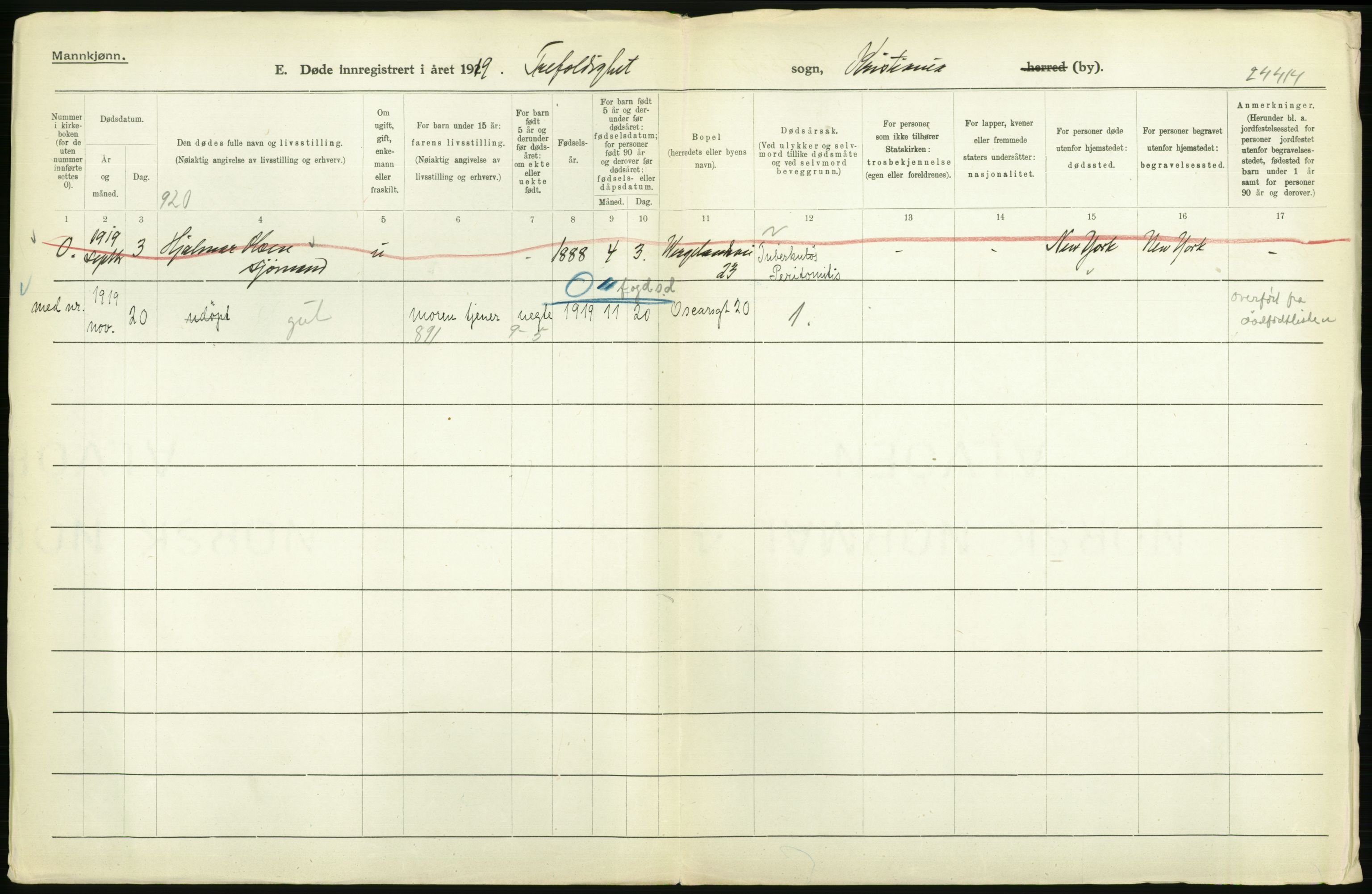 Statistisk sentralbyrå, Sosiodemografiske emner, Befolkning, AV/RA-S-2228/D/Df/Dfb/Dfbi/L0011: Kristiania: Døde, dødfødte, 1919