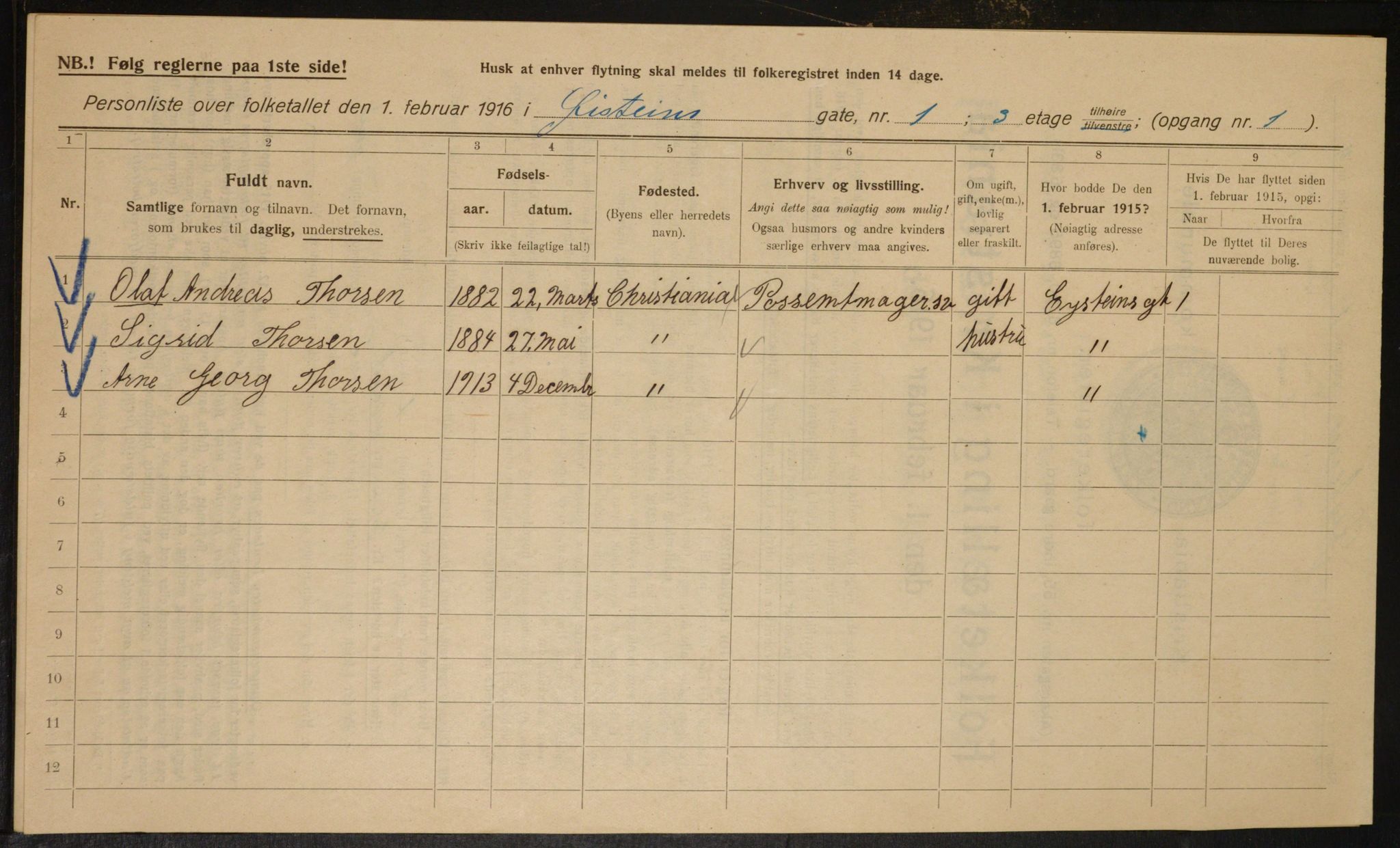 OBA, Kommunal folketelling 1.2.1916 for Kristiania, 1916, s. 133985