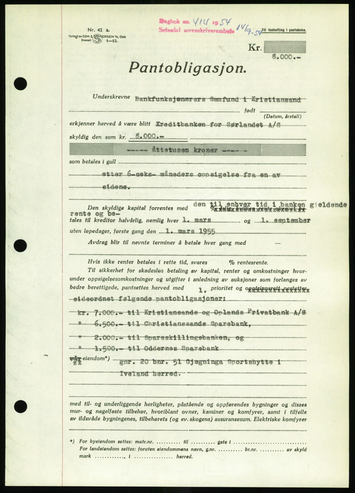 Setesdal sorenskriveri, SAK/1221-0011/G/Gb/L0052: Pantebok nr. B 40, 1954-1955, Dagboknr: 414/1954