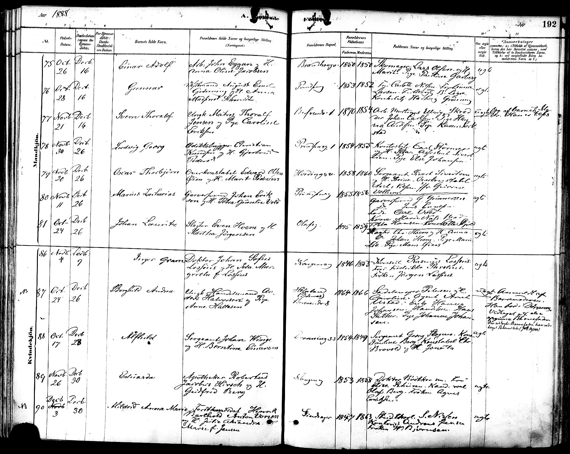 Ministerialprotokoller, klokkerbøker og fødselsregistre - Sør-Trøndelag, SAT/A-1456/601/L0057: Ministerialbok nr. 601A25, 1877-1891, s. 192